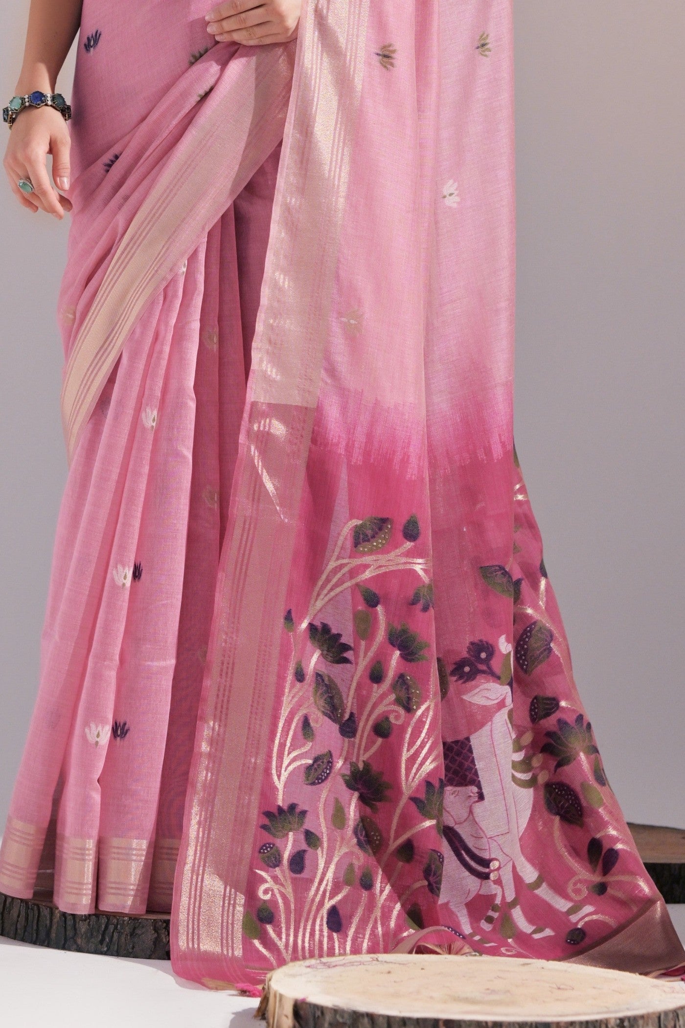 Baby Pink Woven Muga Cotton Saree