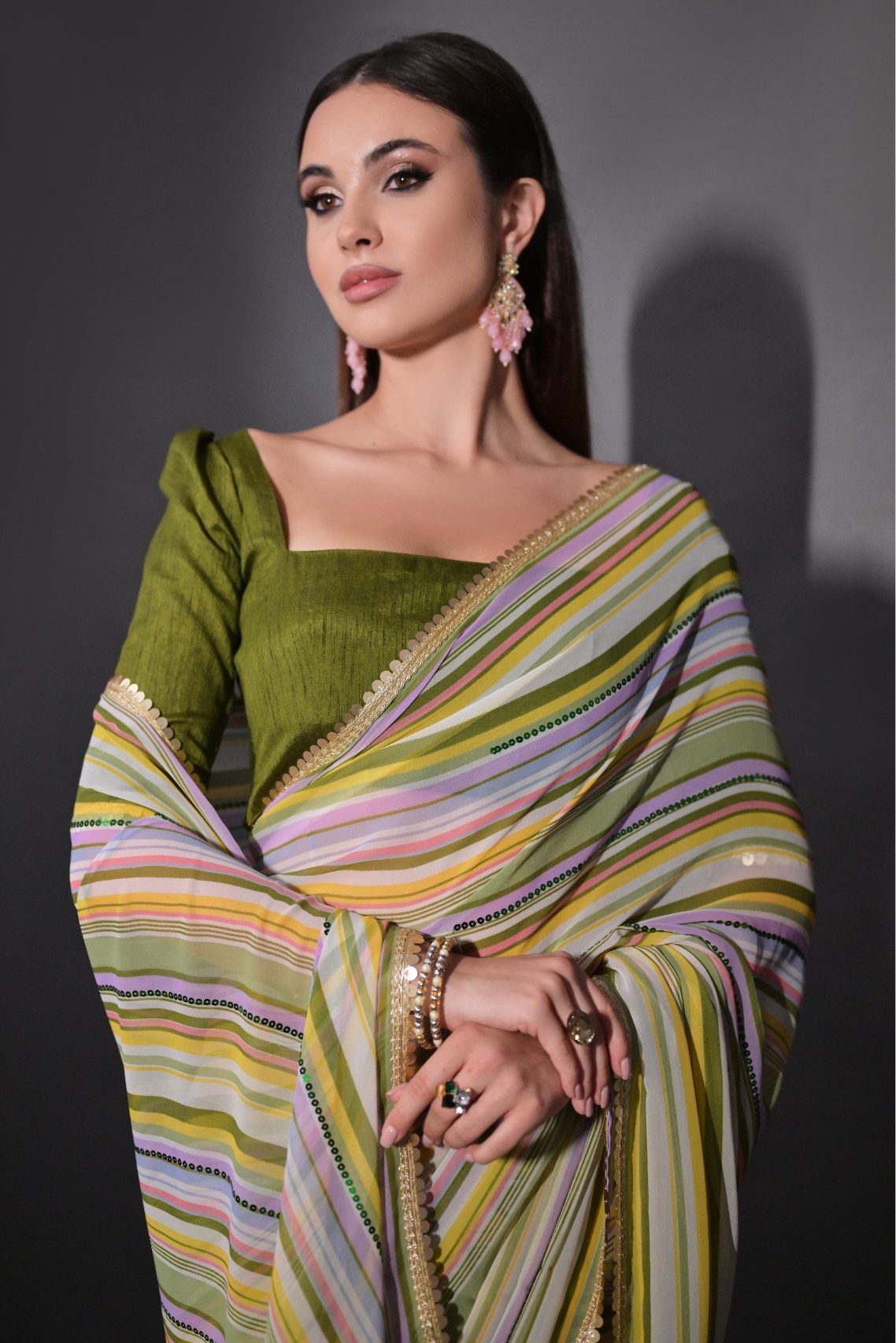 Spanish Green Georgette Lehriya Silk Saree