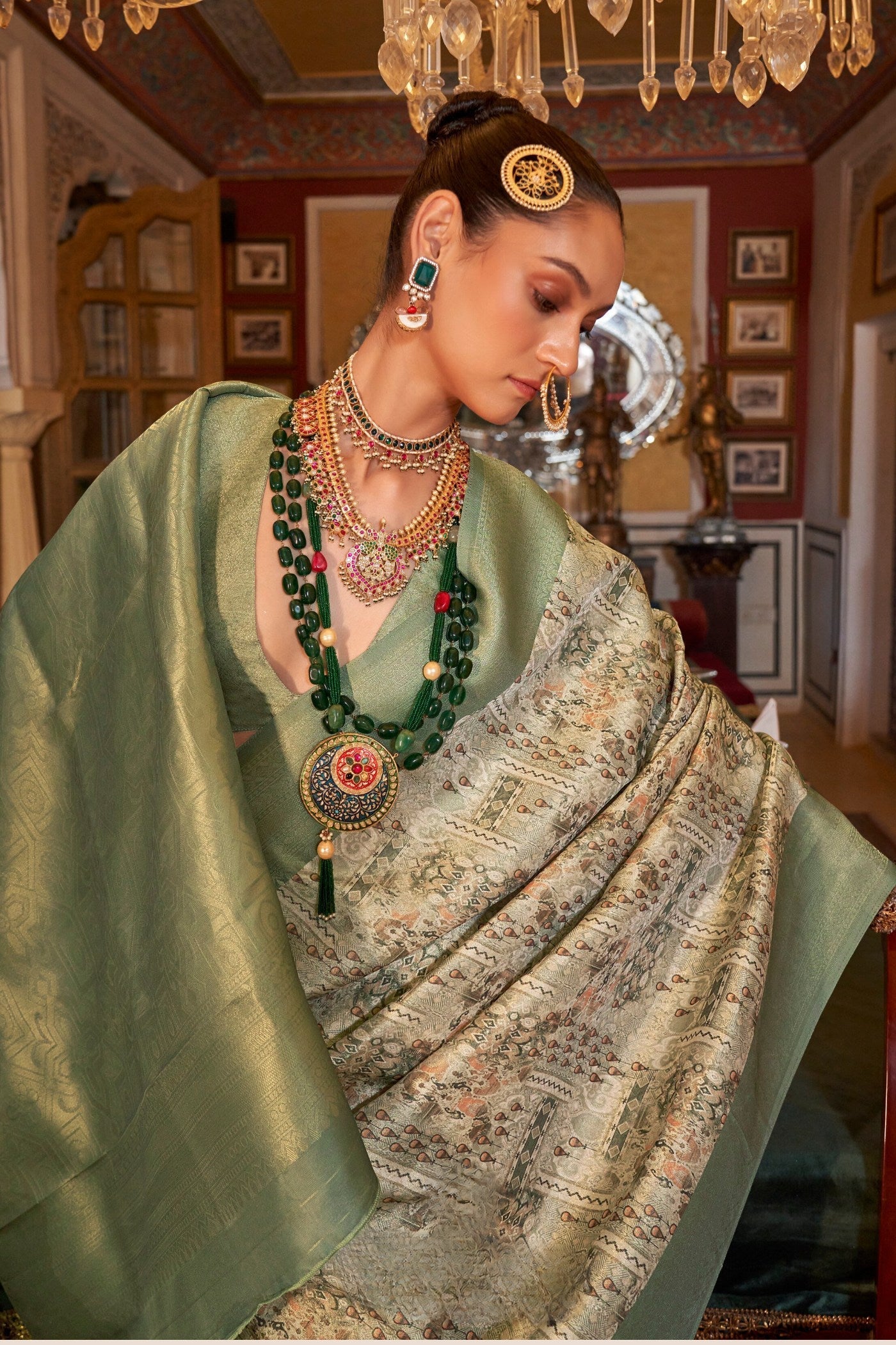 Locust Green Banarasi Digital Printed Saree