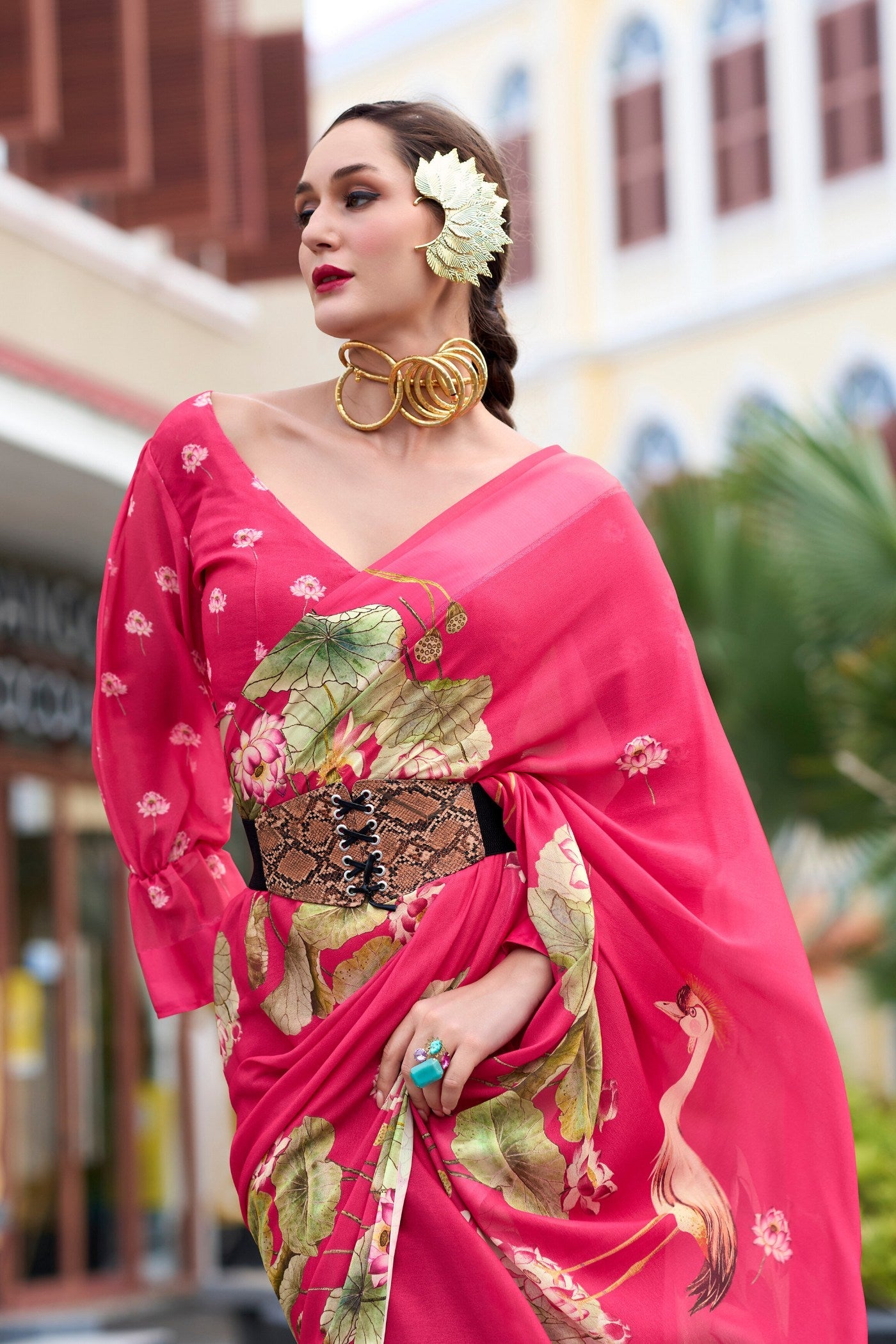 Strawberry Pink Printed Georgette Saree