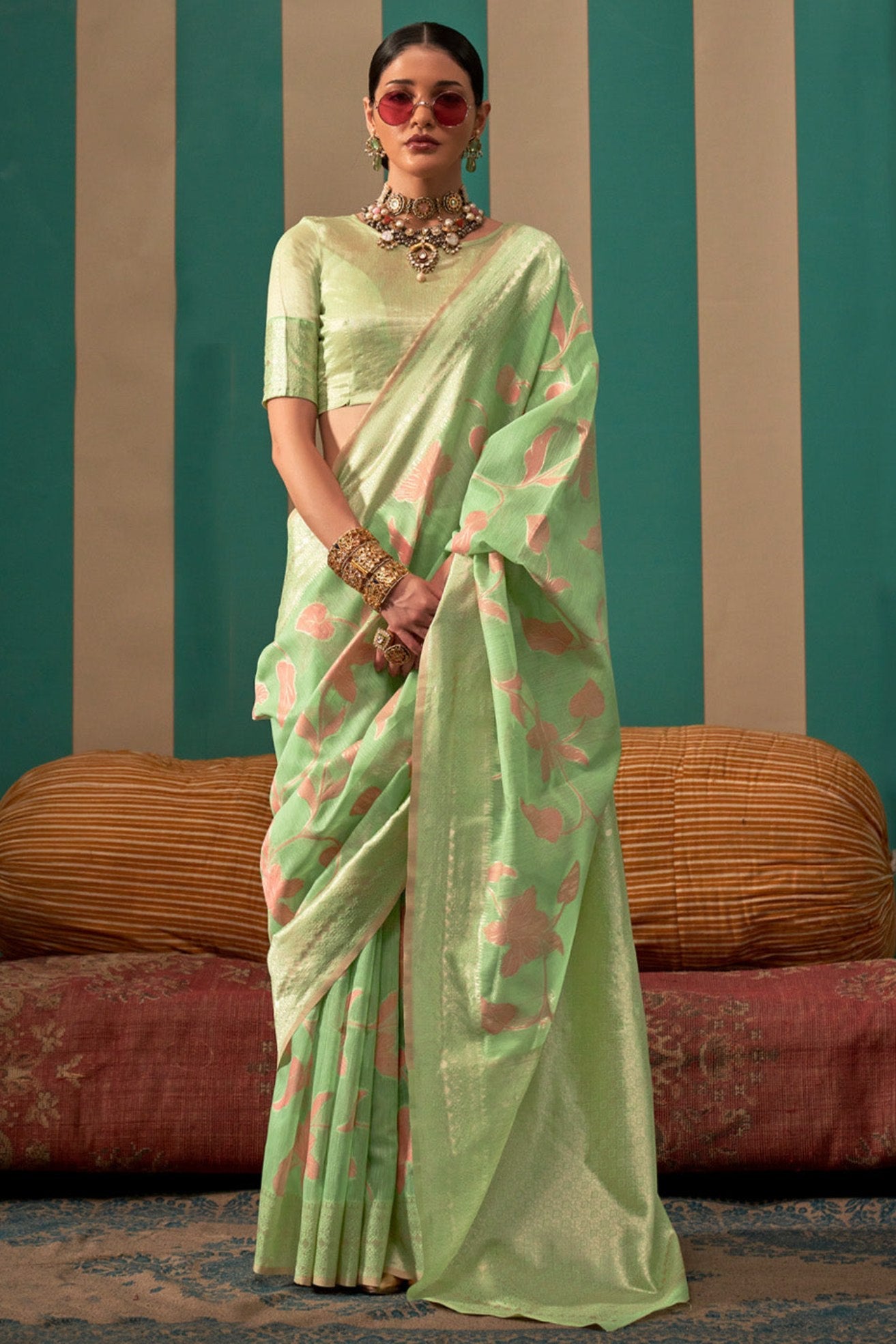 Pista Green Woven Banarasi Linen Saree