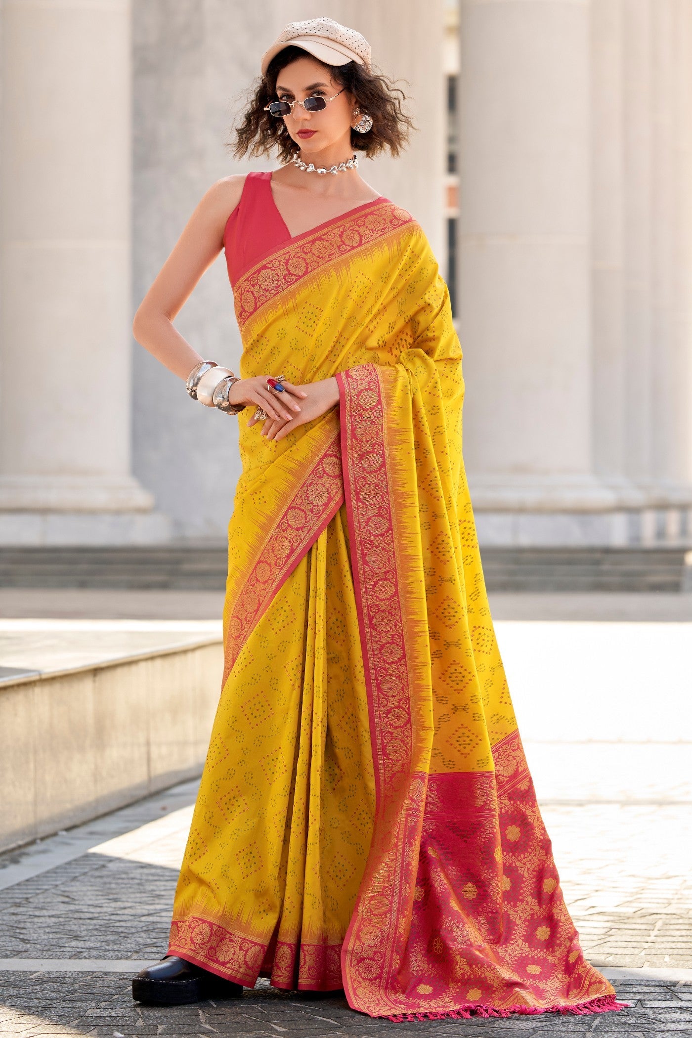 Fuel Yellow Woven Banarasi Bandhani Soft Silk Saree