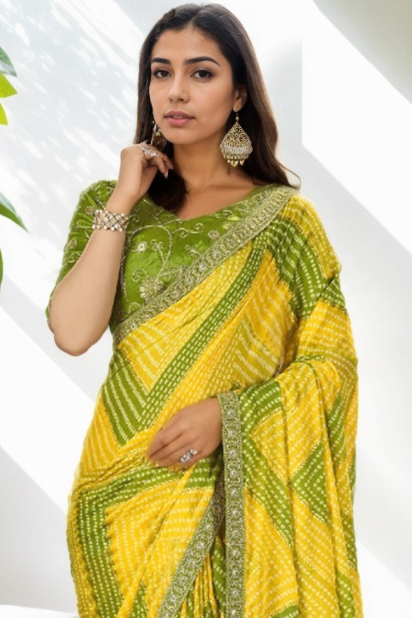 Sunflower Yellow and Green Bandhani Digital Printed Silk Saree