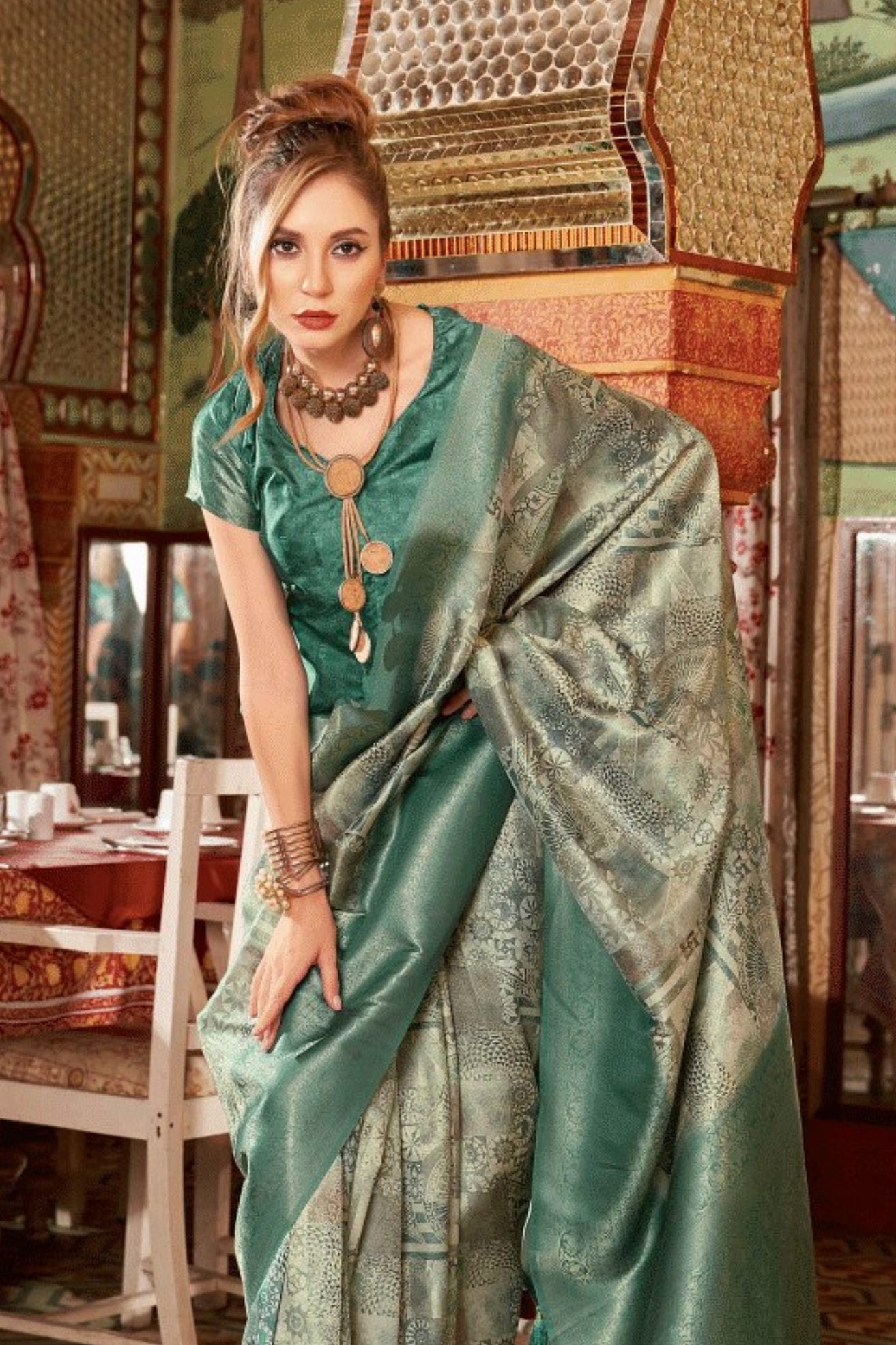 Sage Green Banarasi Digital Printed Saree