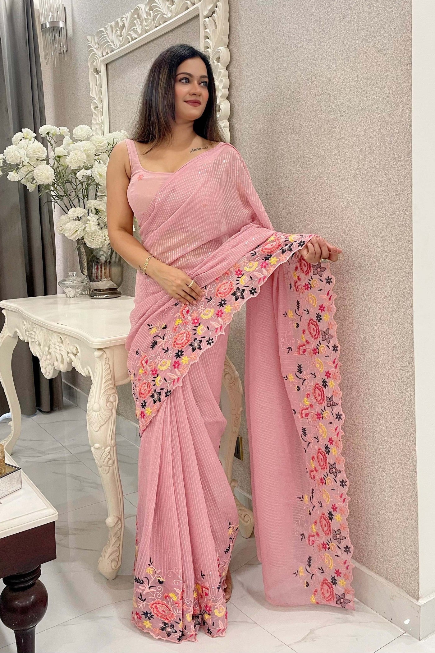 Sweet Pink Embroidered Partywear Saree