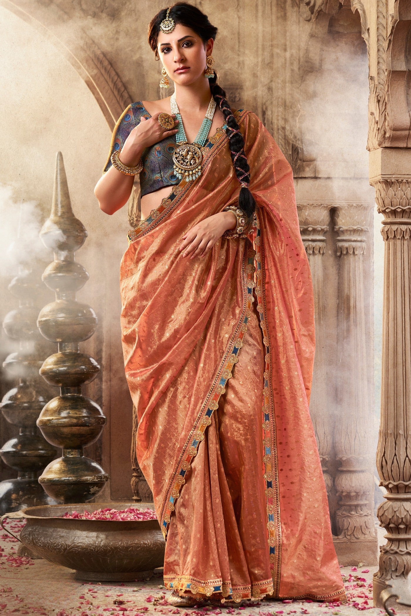 Japonica Peach Tissue Designer Saree