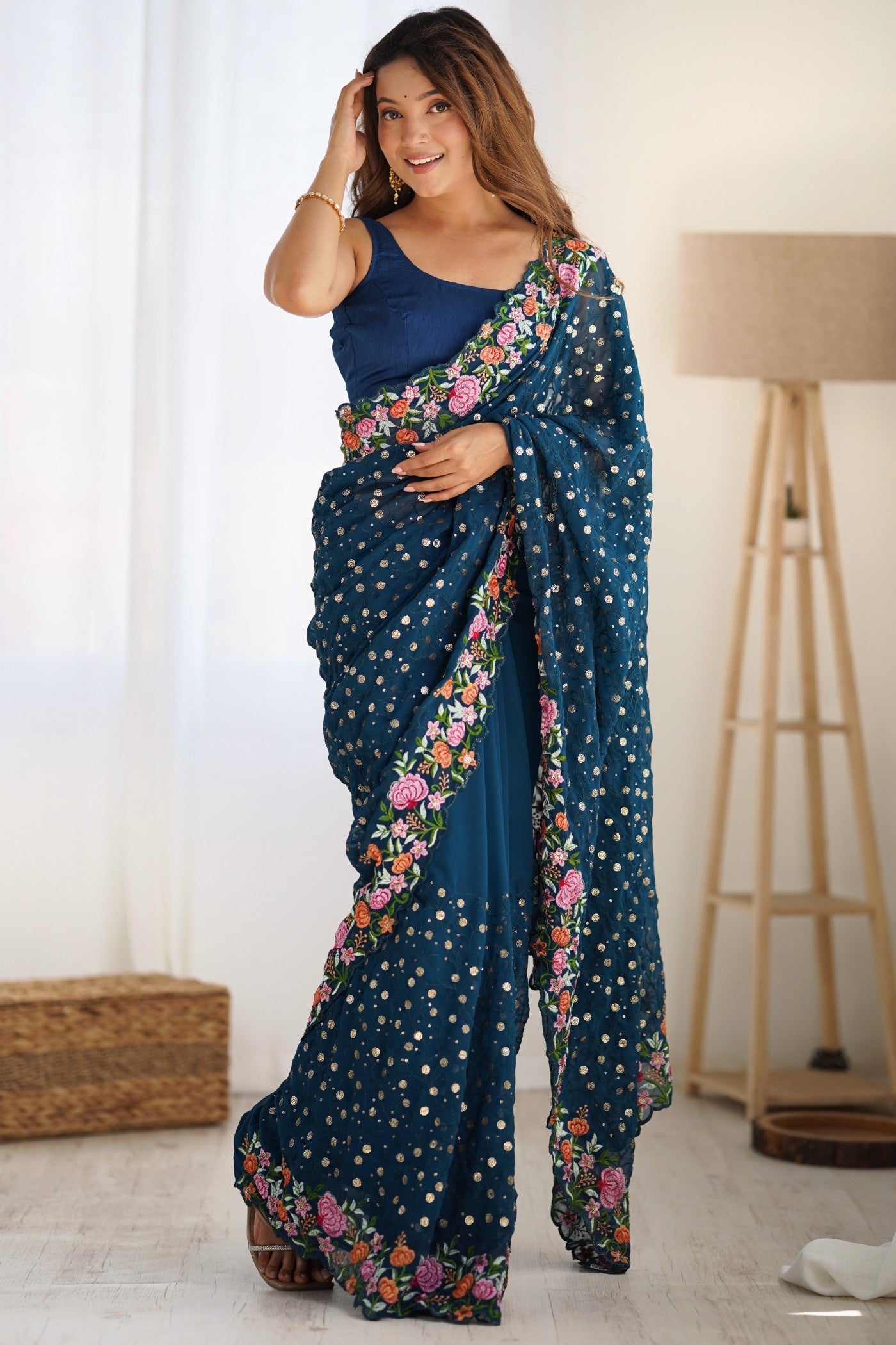 Blue Stone Embroidered Georgette Saree