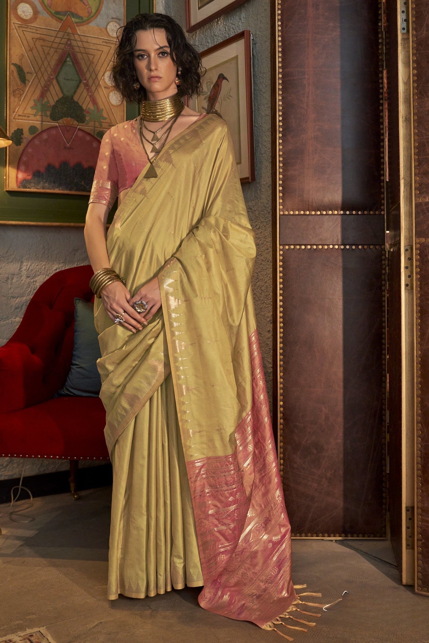 Zest Yellow Woven Linen Saree