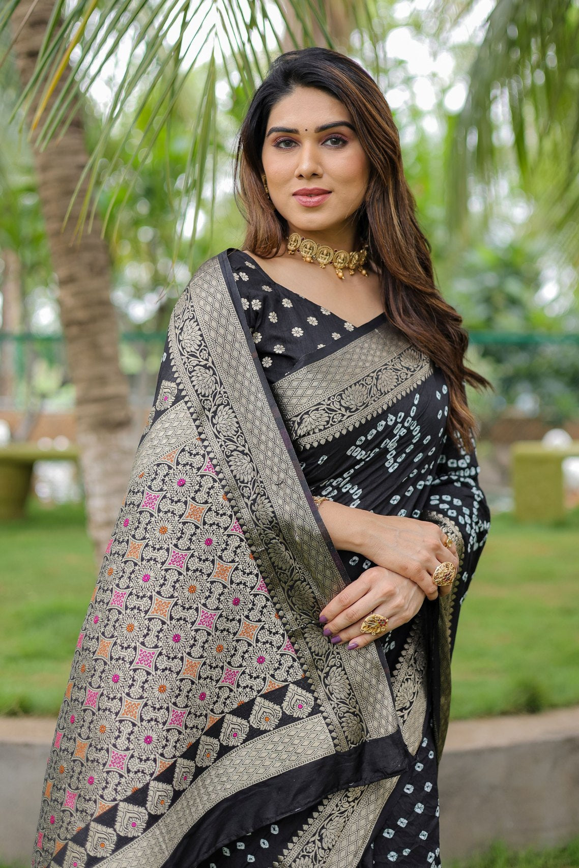 Tuna Black Woven Bandhani Dola Silk Saree