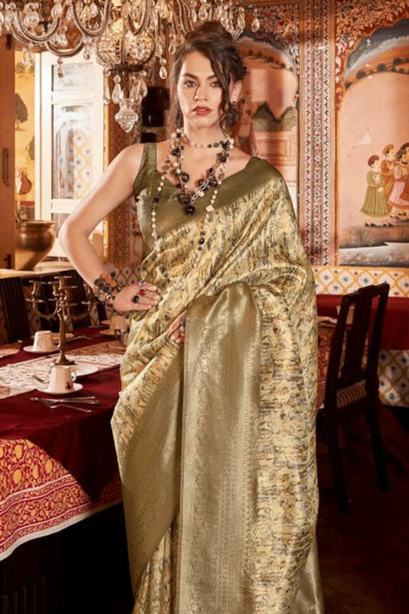 Teak Brown Banarasi Digital Printed Saree