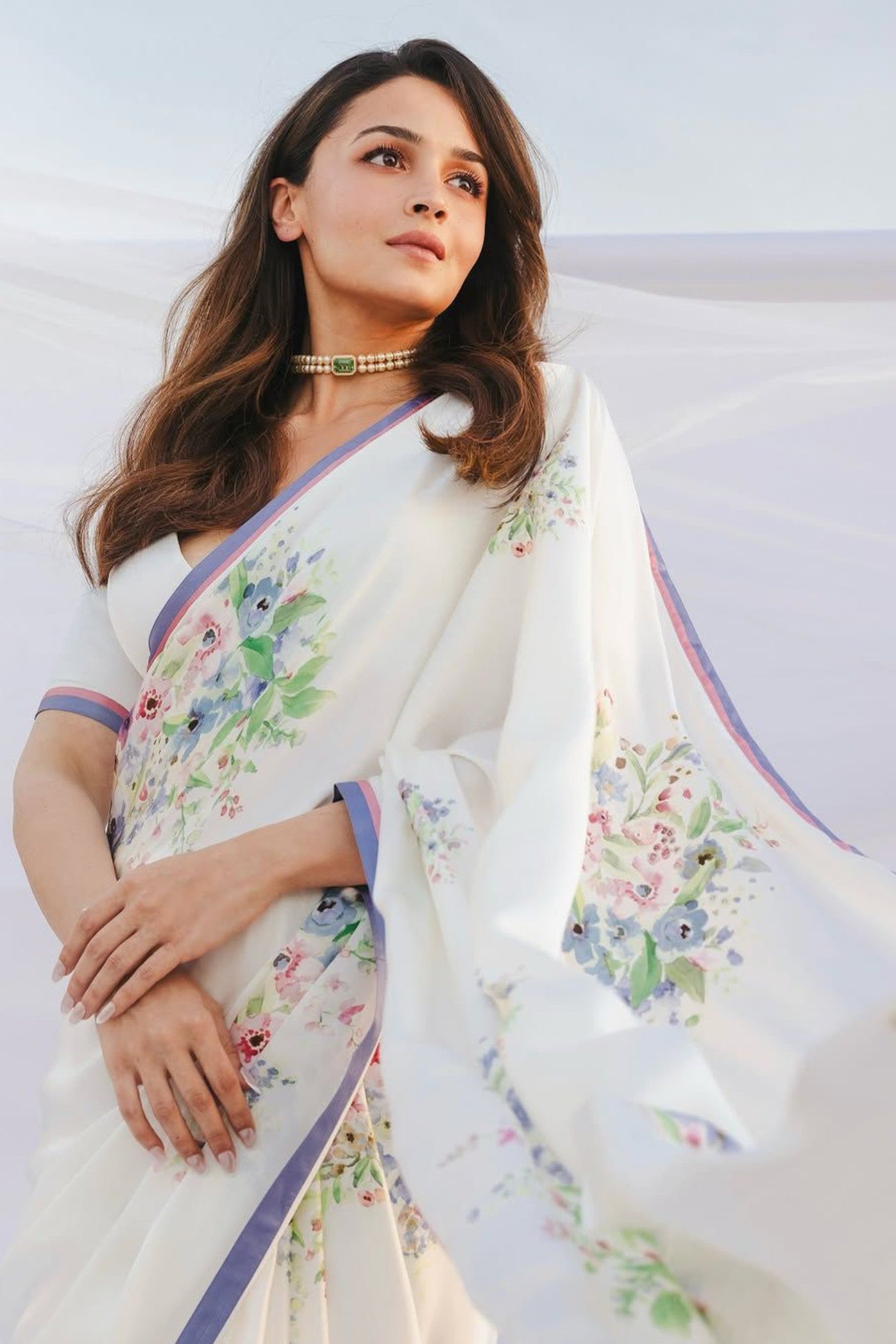 Alia Bhatt Inspired Daisy White Floral Printed Satin Silk Saree