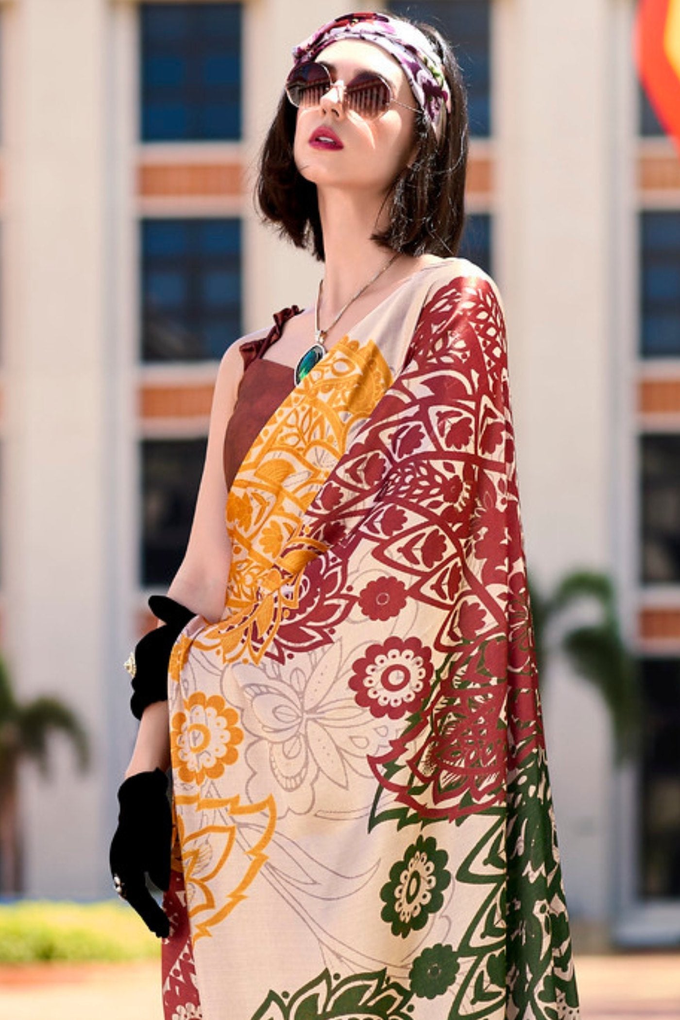 Multicolor Cream Printed Satin Crepe Silk Saree