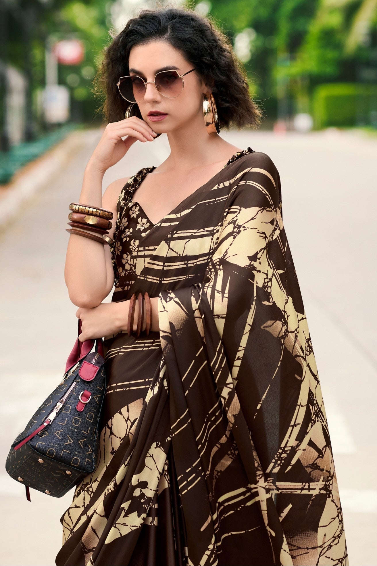 Cold Coffe Brown Printed Satin Crepe Saree