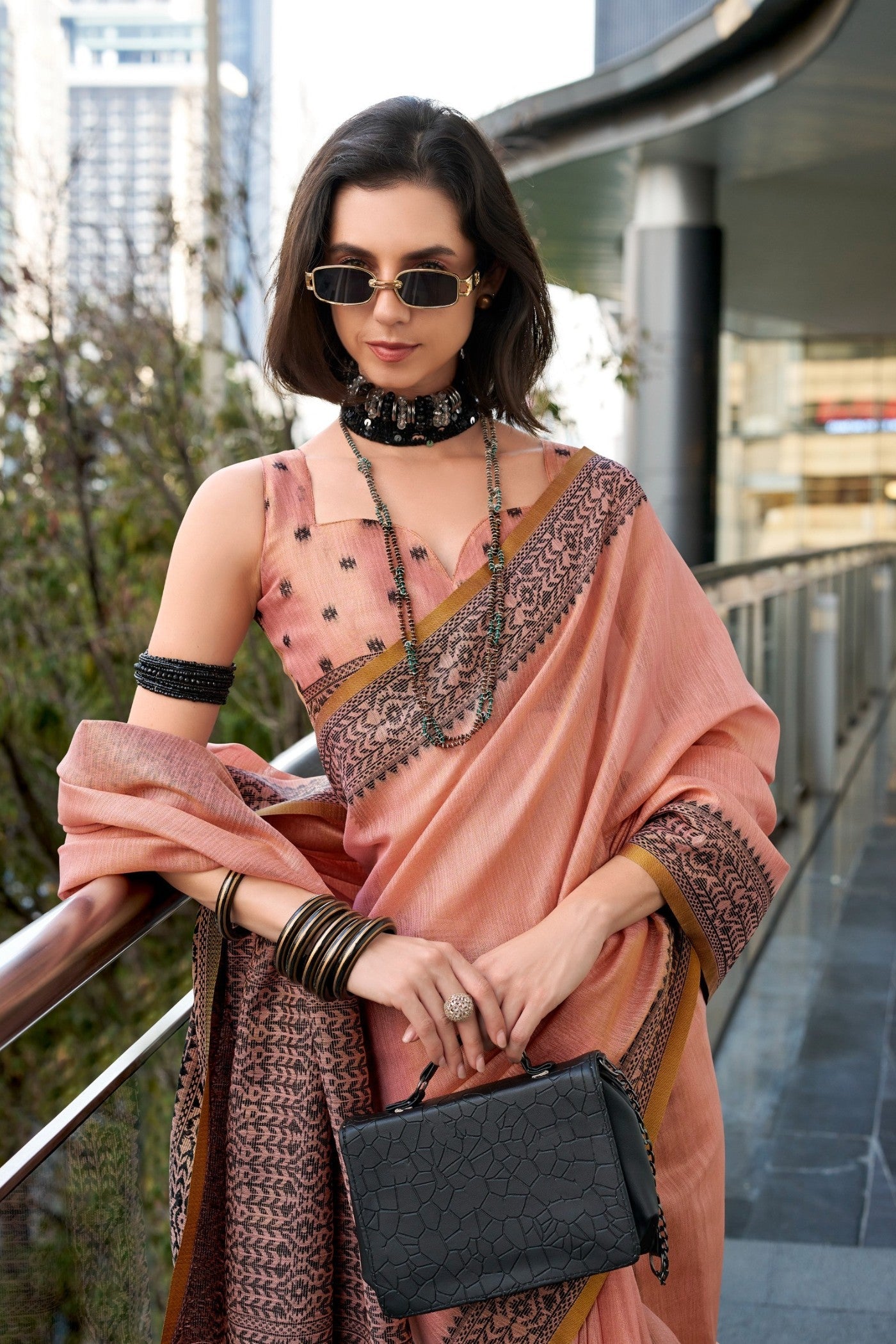 Malibu Peach Linen Tissue Silk Saree