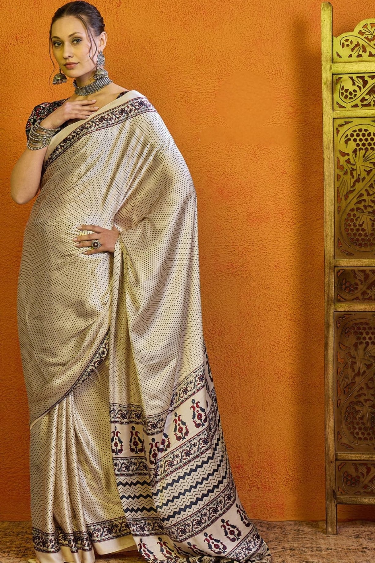 Coral Reef Cream Printed Ajrakh Satin Crepe Saree