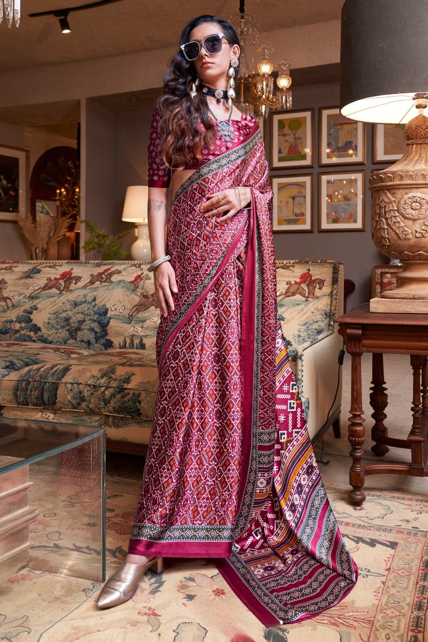 Mocca Maroon Patola Printed Satin Crepe Saree