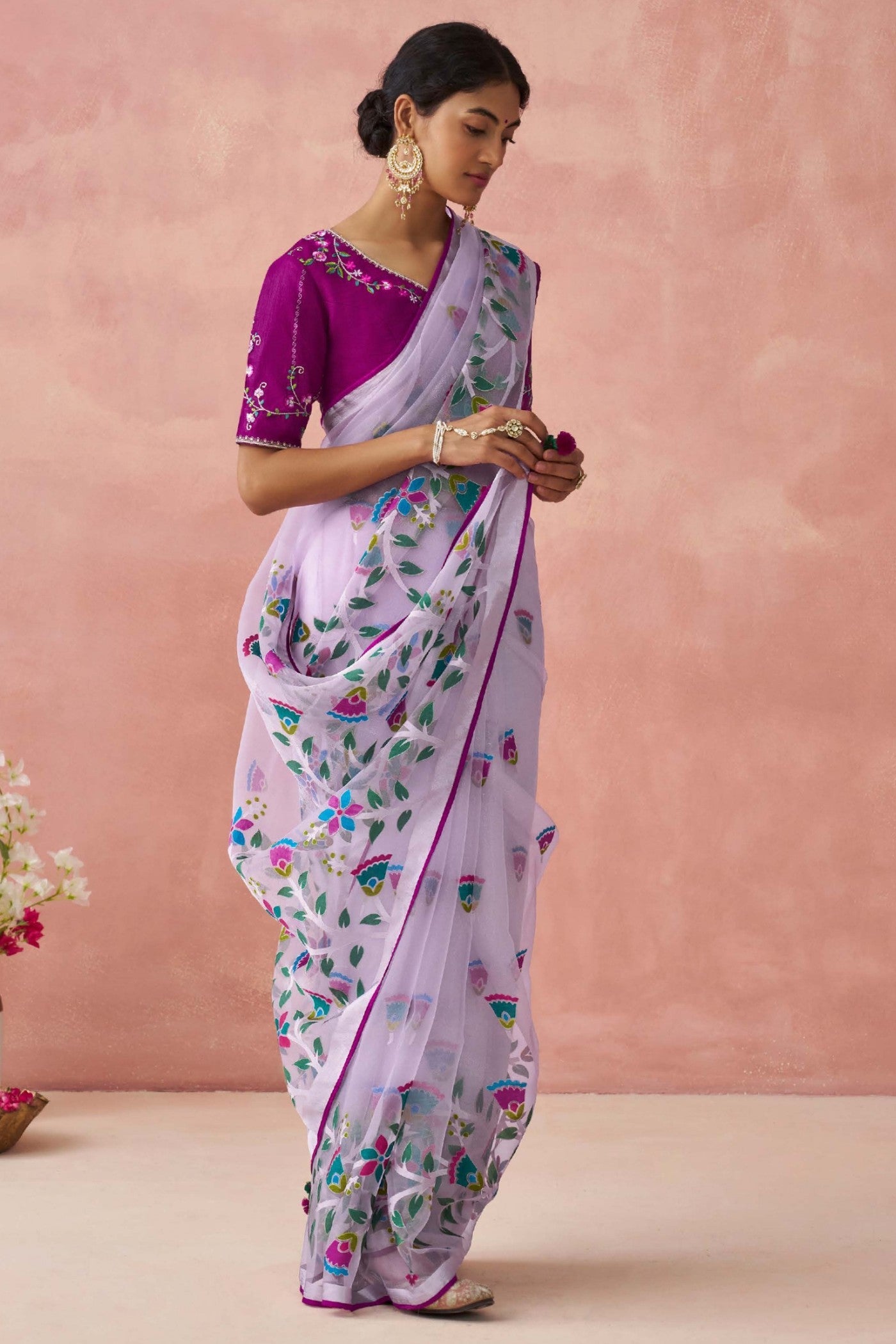 Mulled Wine Purple Brasso Organza Printed Saree