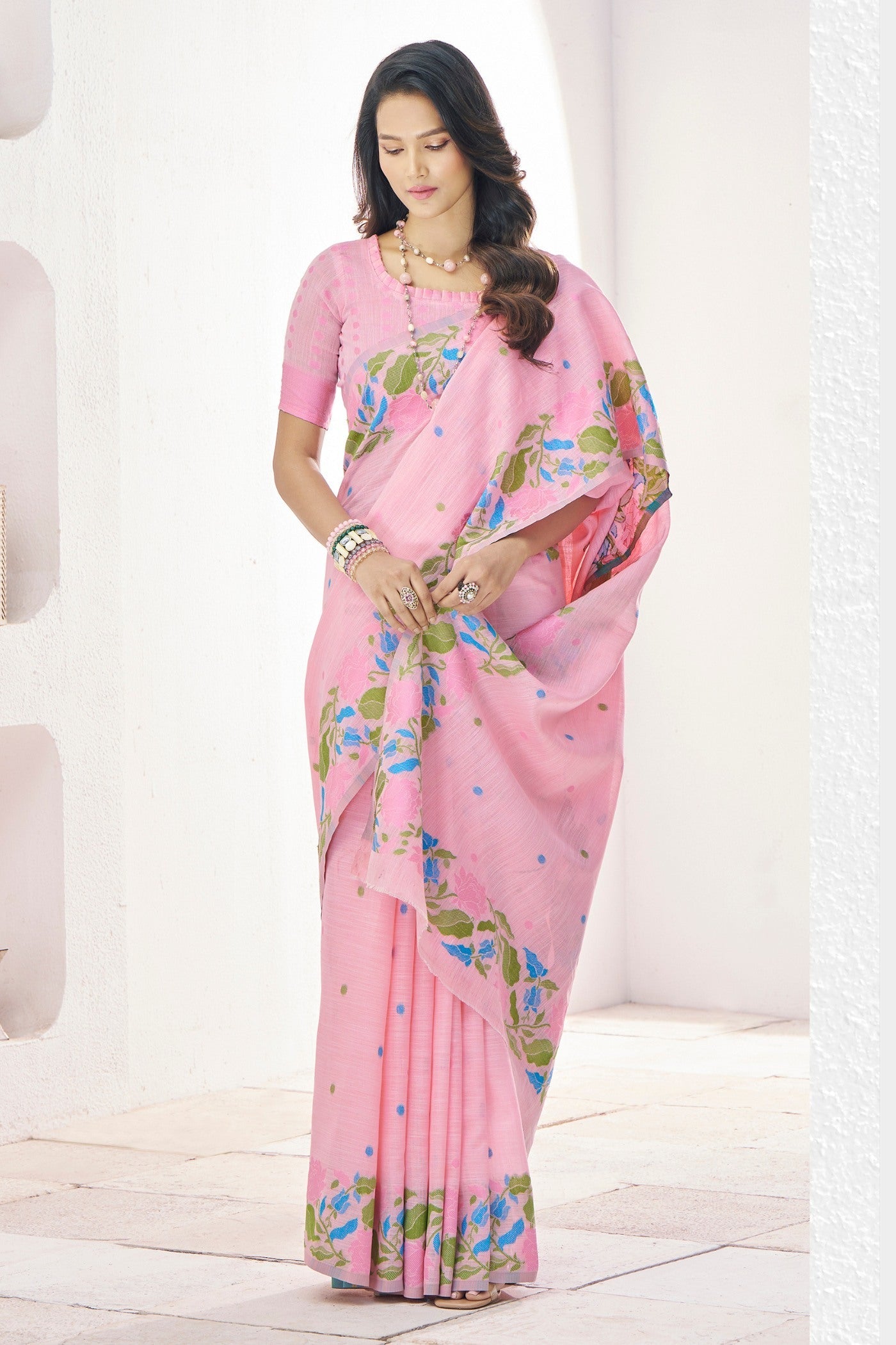 Carissma Pink Printed Linen Saree