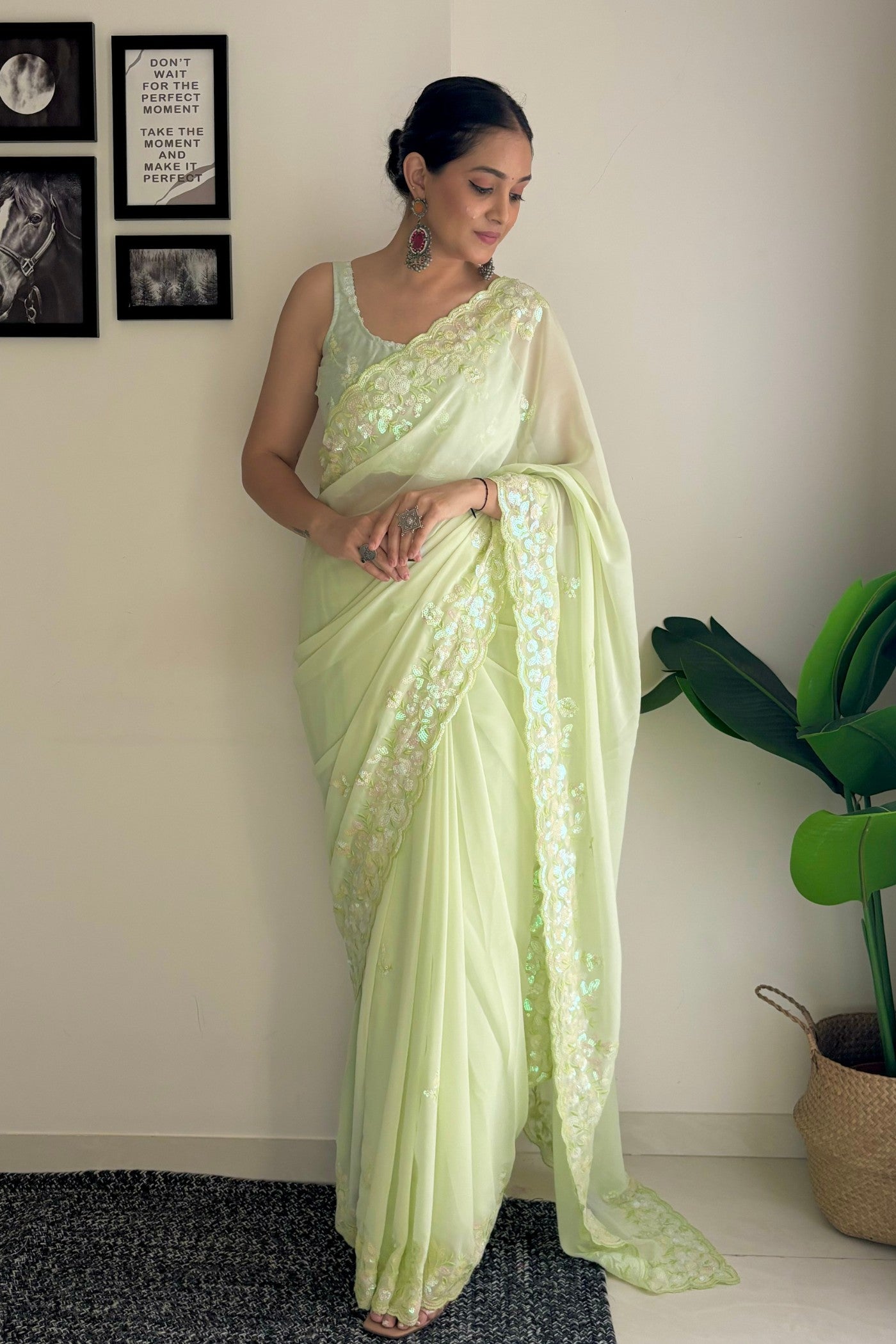 Pineapple Green Embroidery Georgette saree