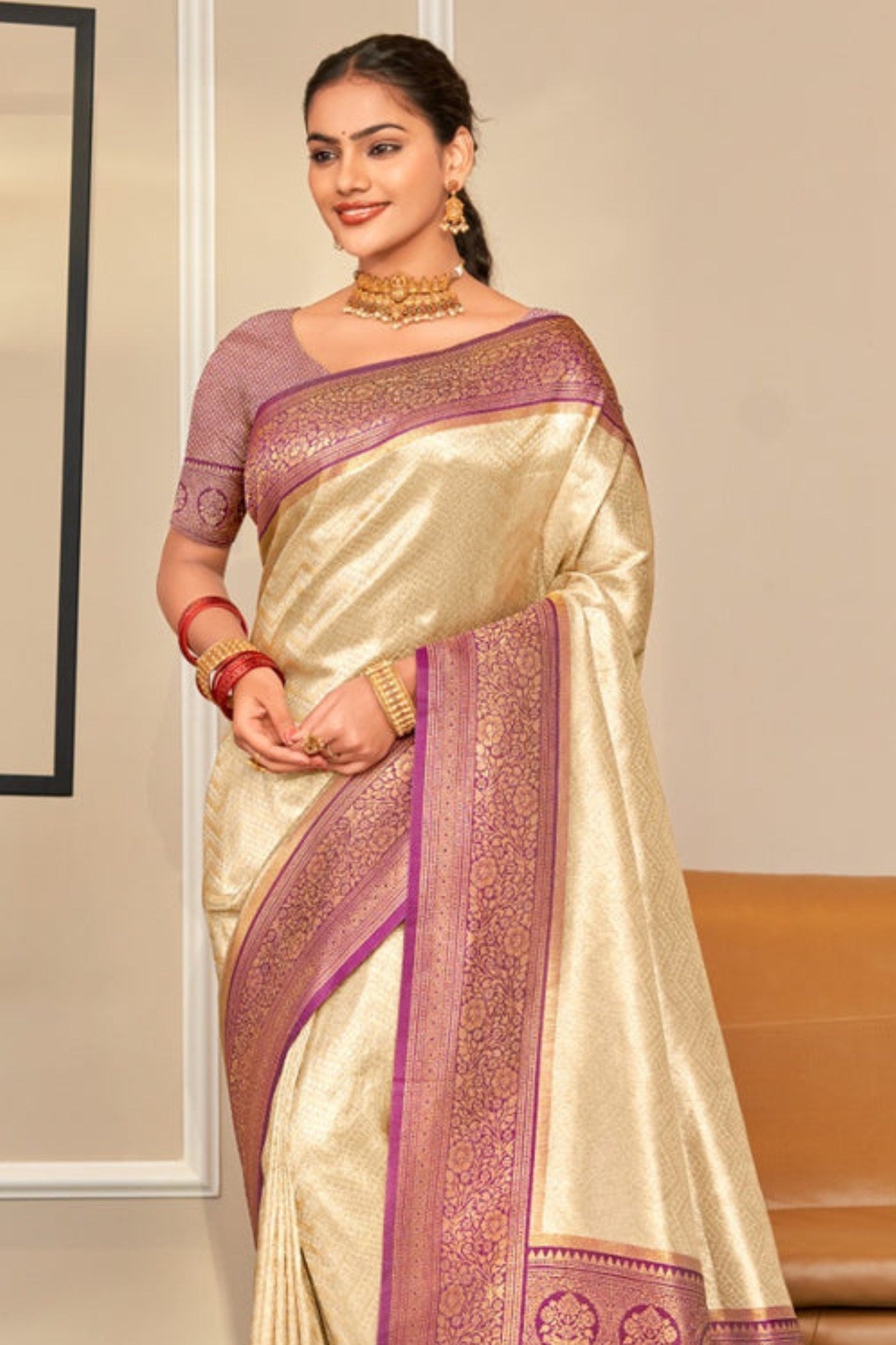 Butter Cream Zari Woven Kanjivaram Saree