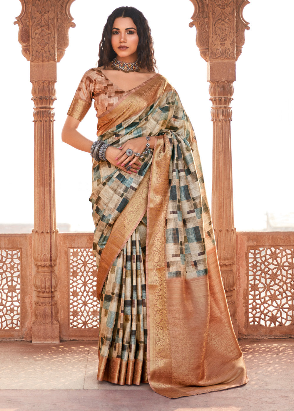 Bone Cream and Handloom Banarasi Silk Saree