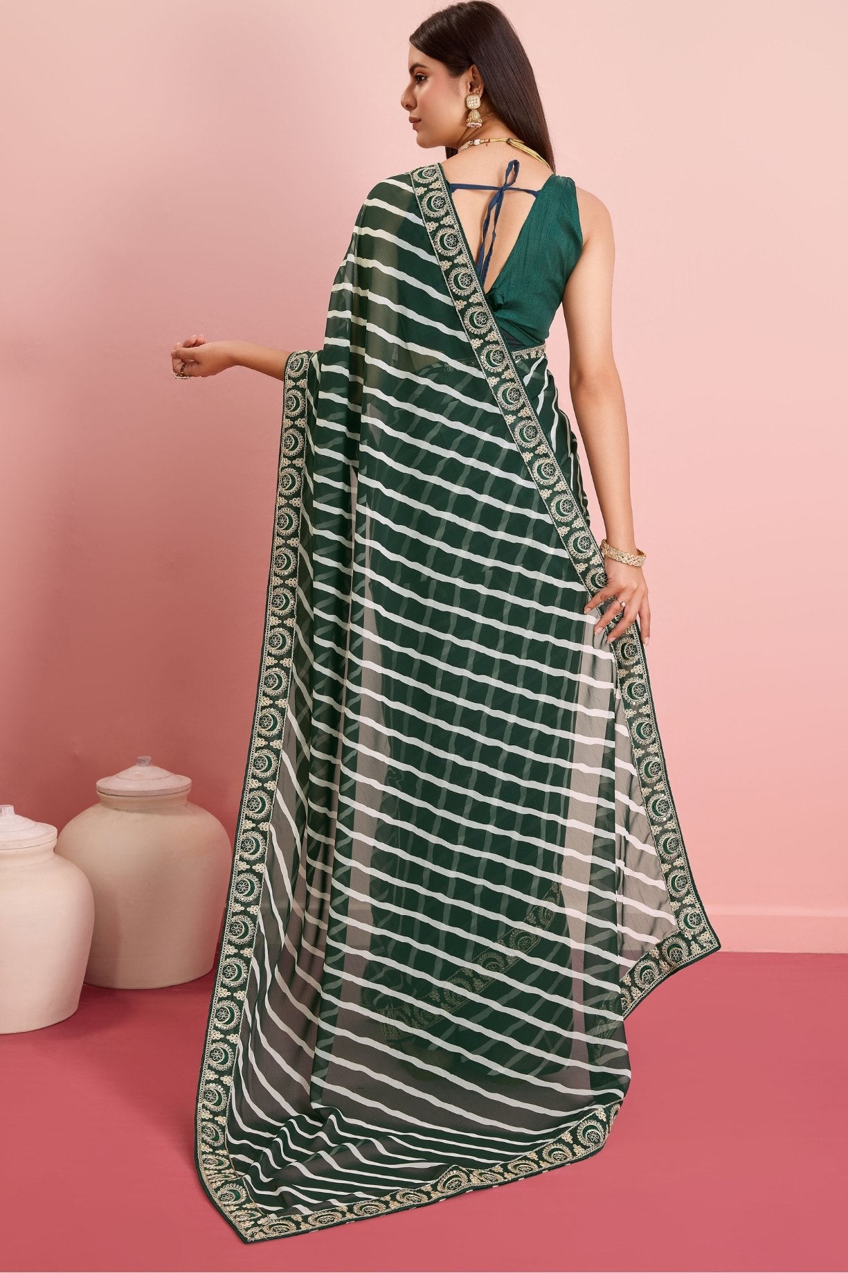 Cape Cod Green Georgette Lehriya Silk saree