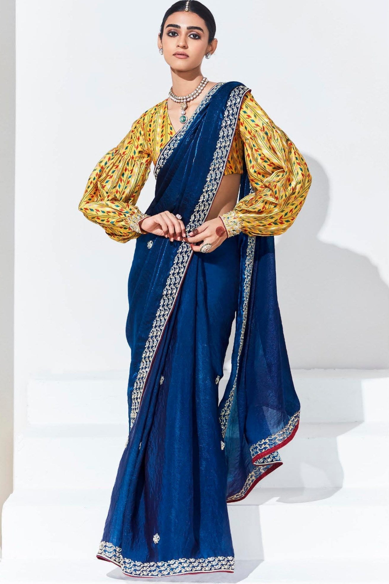 Blue Zodiac Tissue Organza Designer Partywear Saree