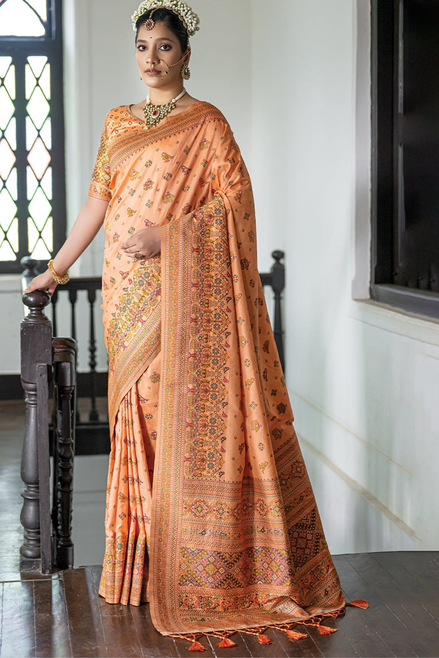 Neon Orange Kashmiri Handloom Woven Silk Saree