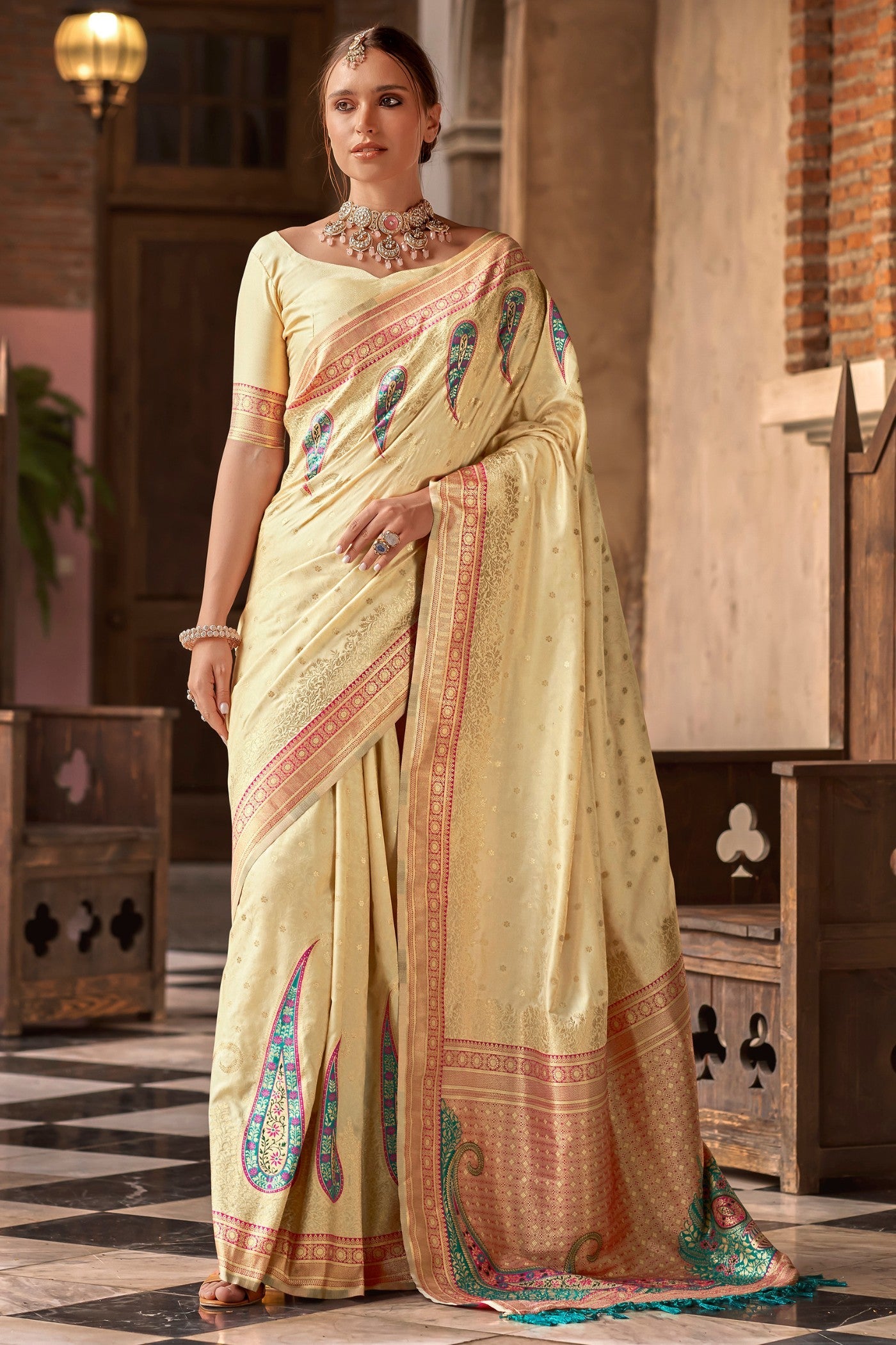 Twine Gold Banarasi Soft Silk Saree