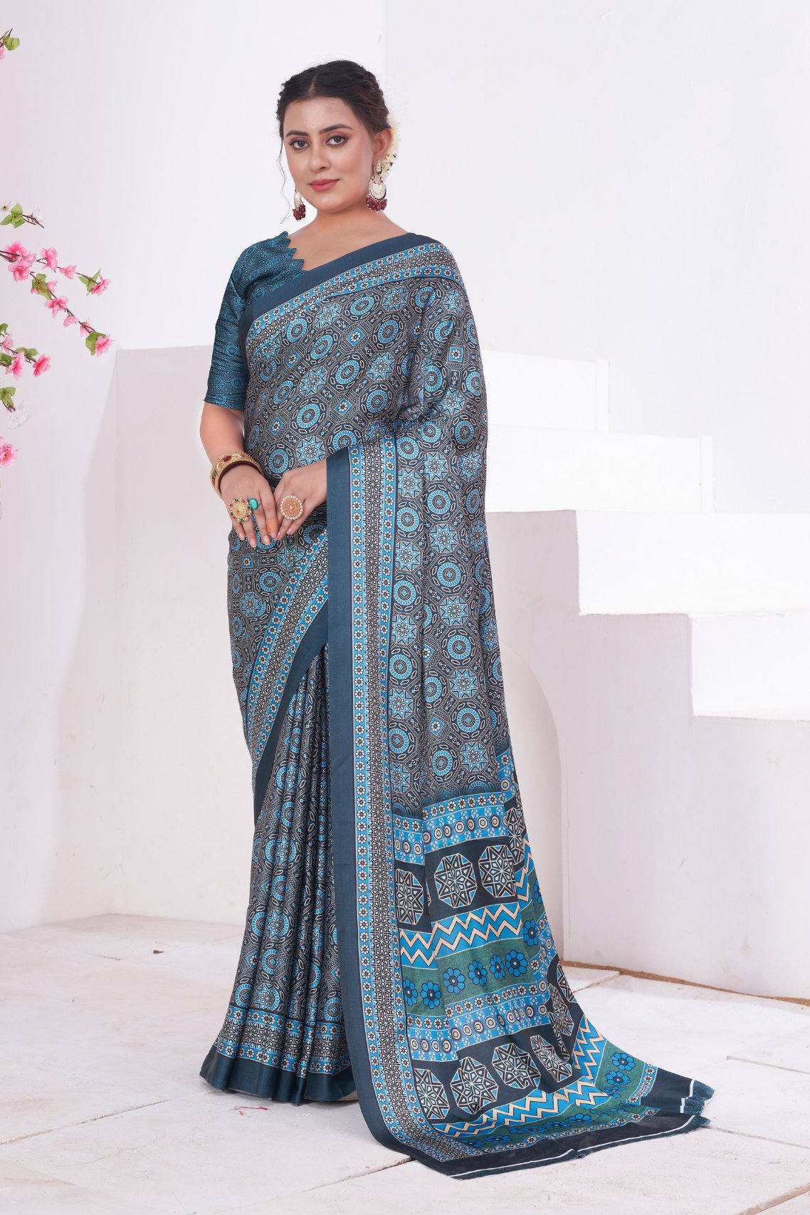 Ship Cove Blue Ajrakh Printed Satin Crepe Saree