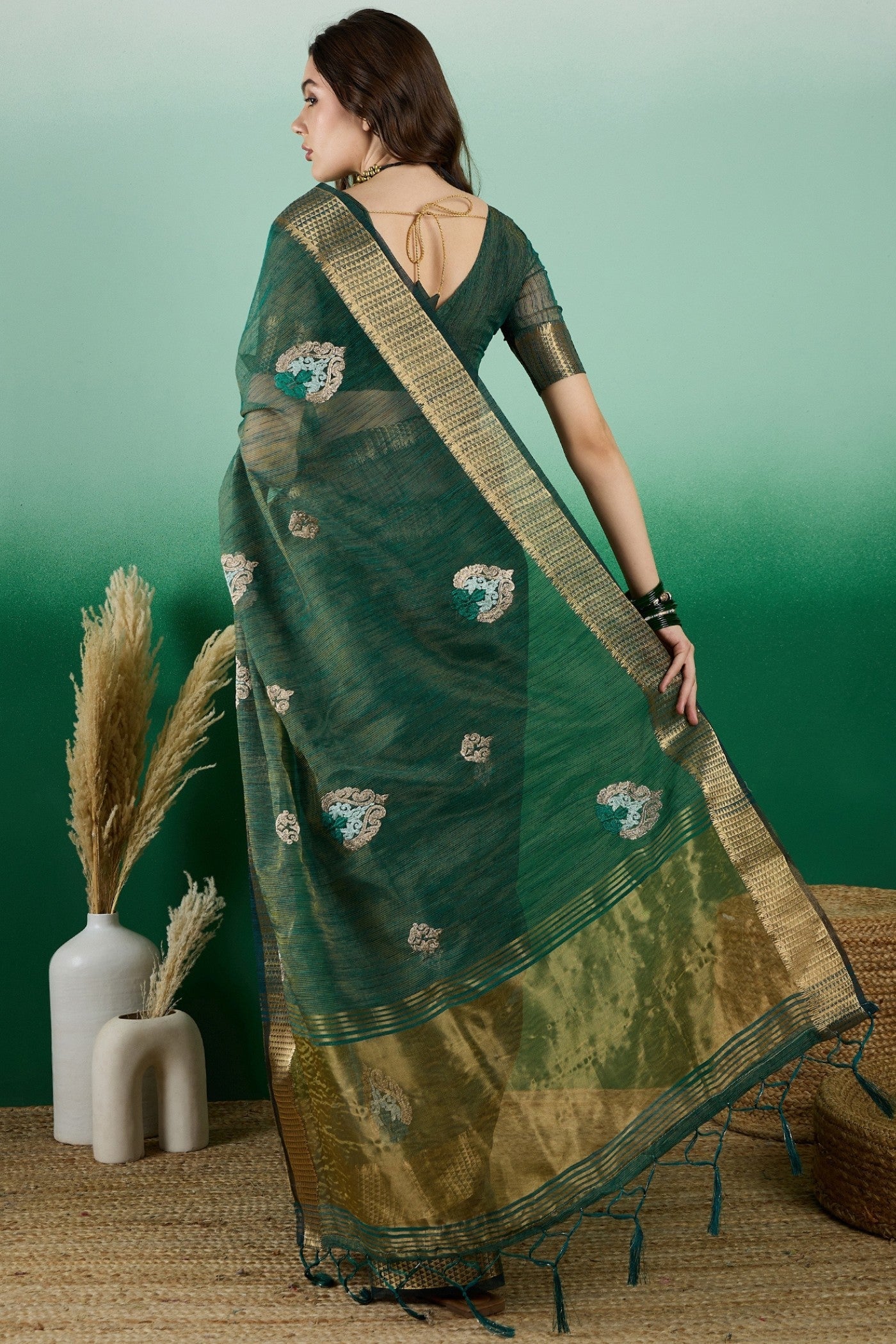 Everglade Green Khadi Organza Saree