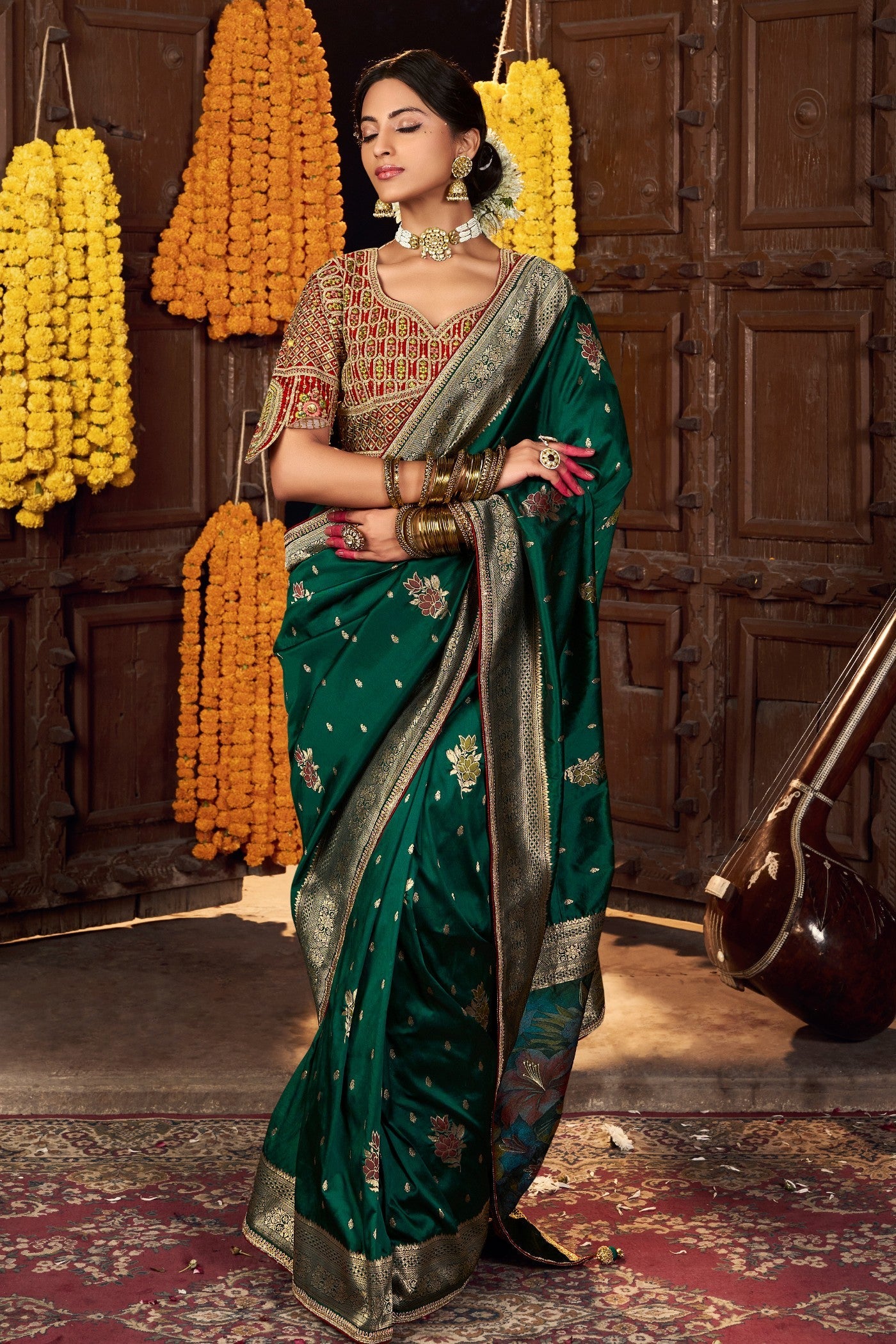 Bottle Green Designer Banarasi Saree