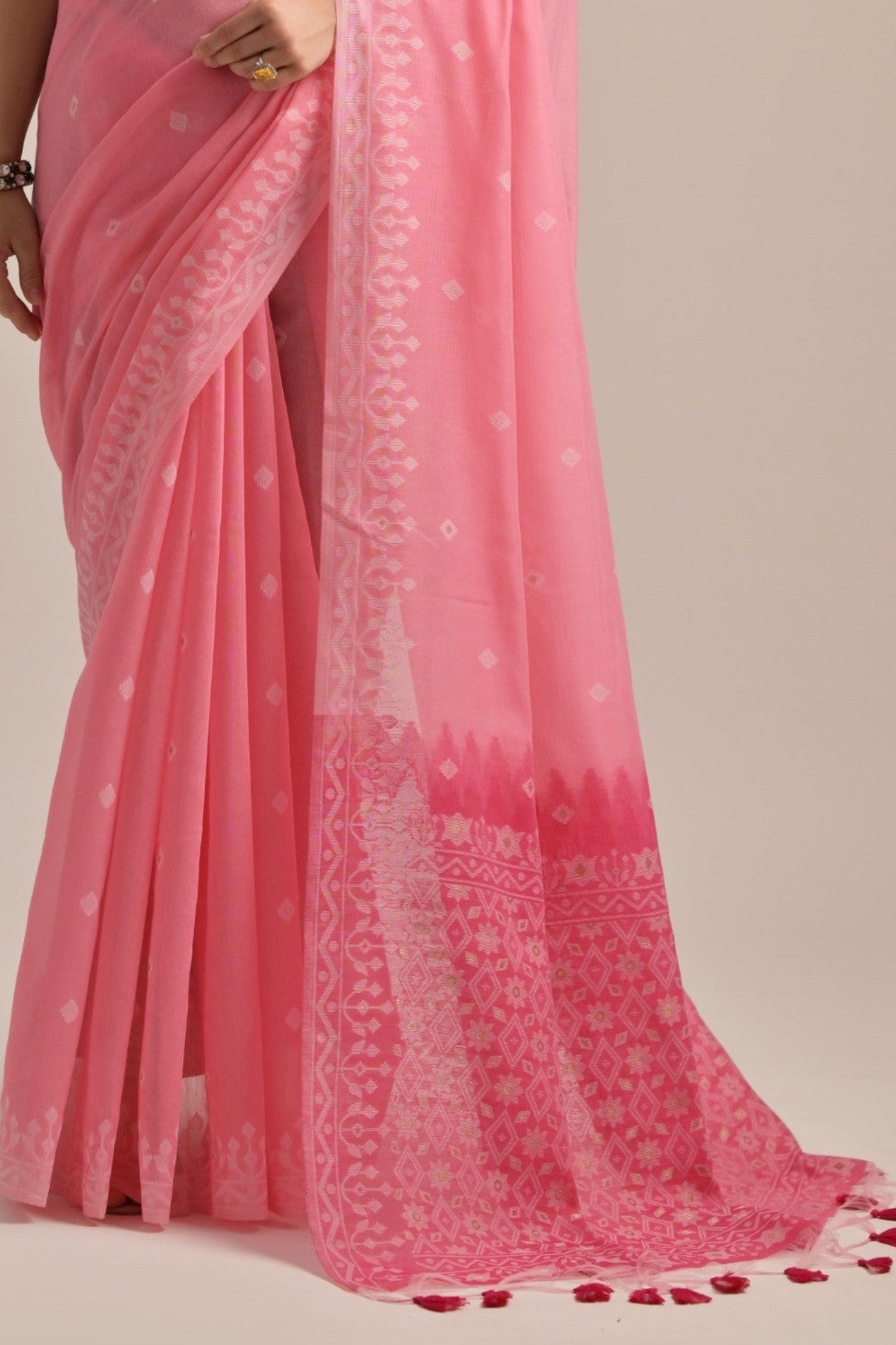 Tonys Pink Lucknowi Woven Muga Cotton Saree