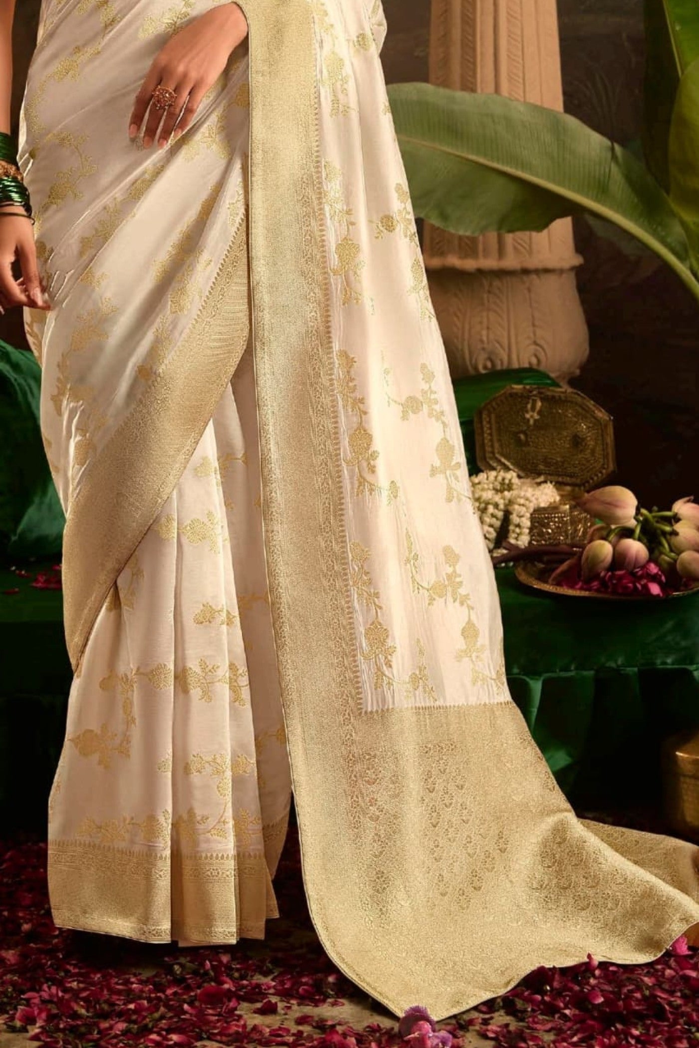 Barley White Designer Banarasi Dola Silk Saree