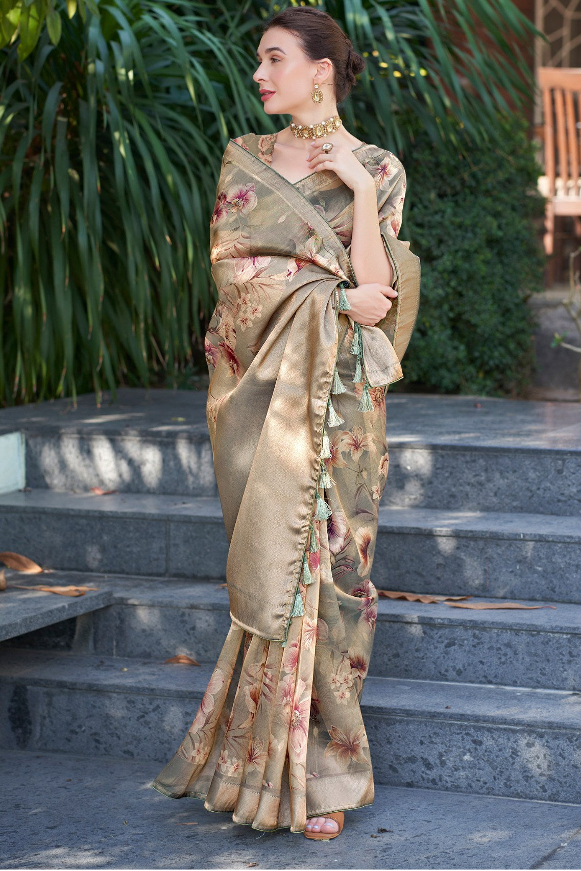 Beaver Brown Digital Printed Organza Saree