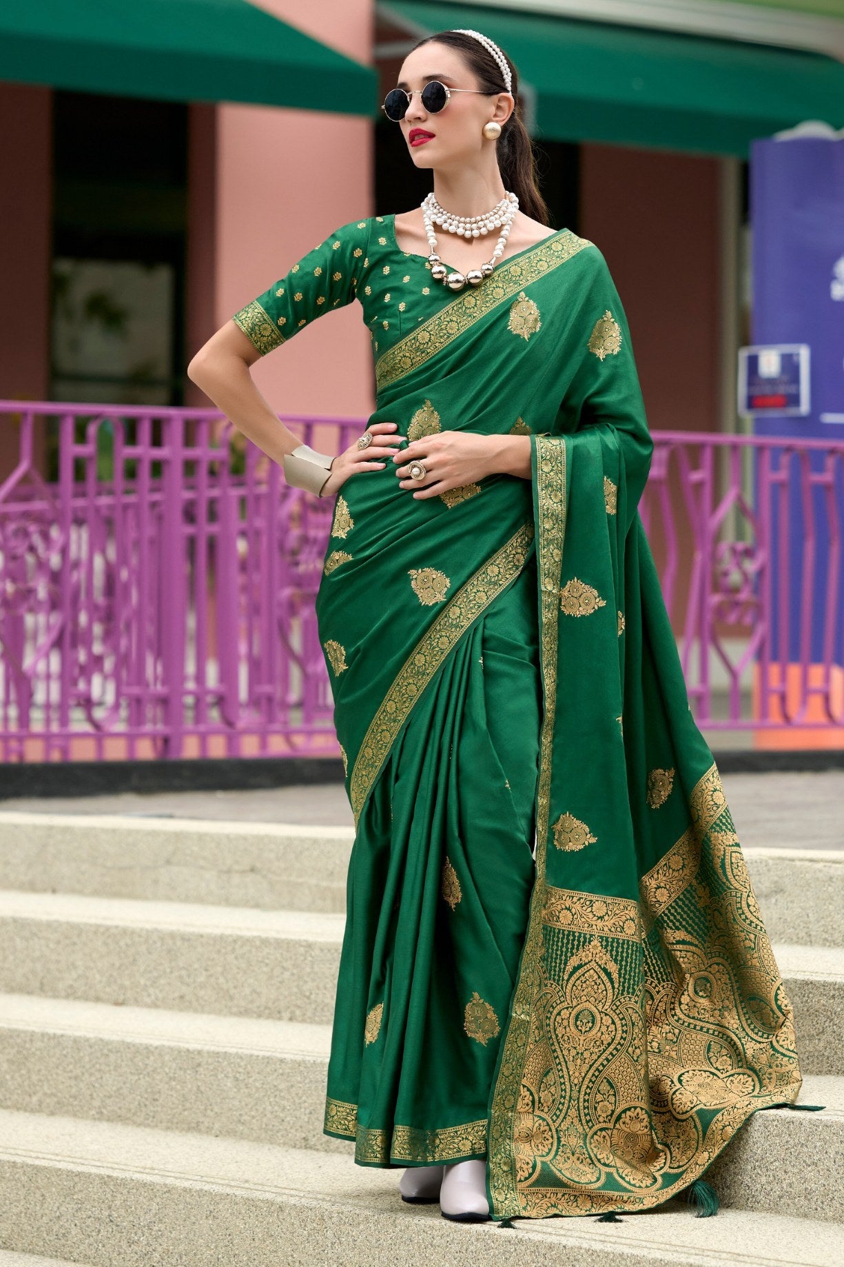 Genoa Green Banarasi Handloom Satin Saree