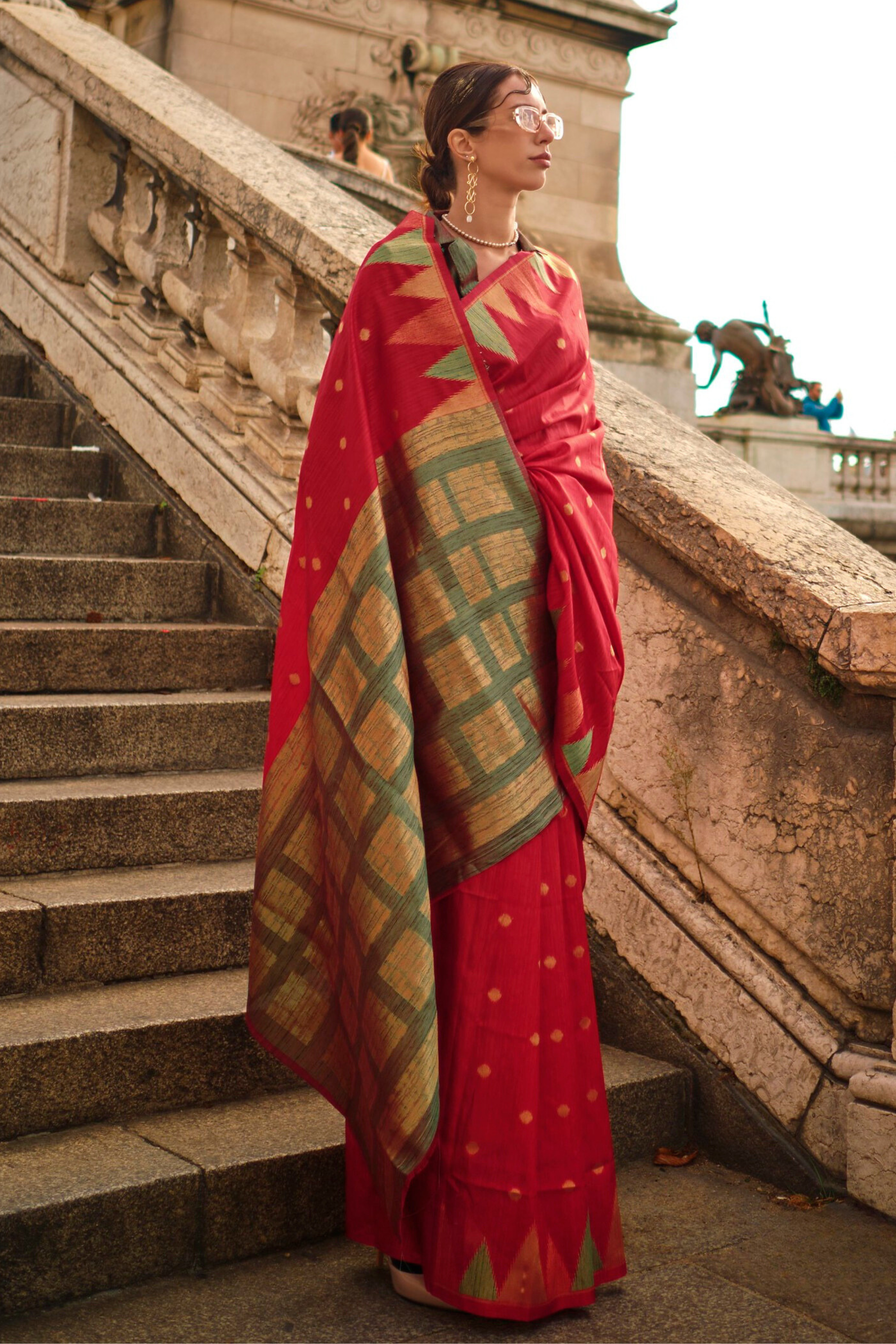 Red South Tussar Temple Border Silk Saree