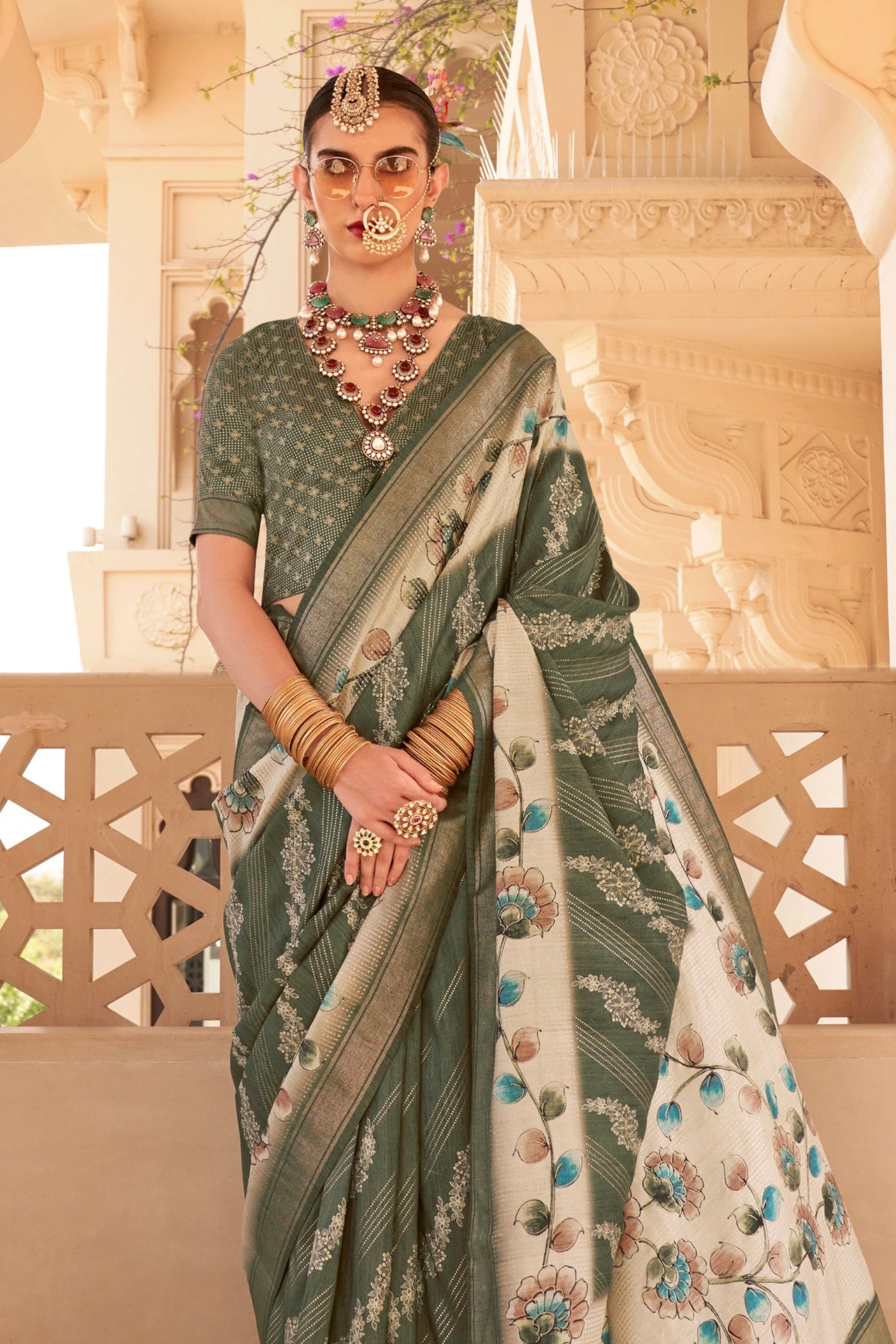 Hemlock Green Floral Printed Banarasi Saree