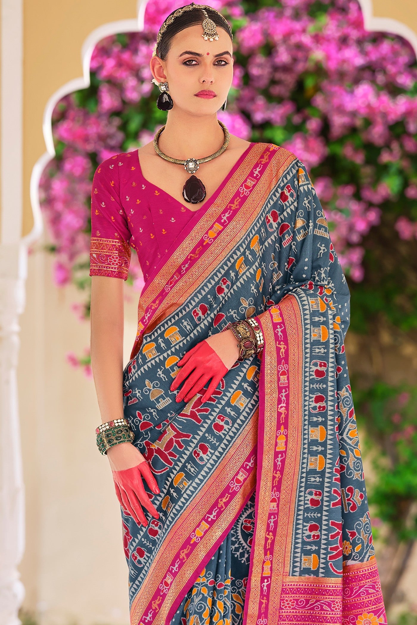 Horizon Blue and Pink Printed Patola Saree