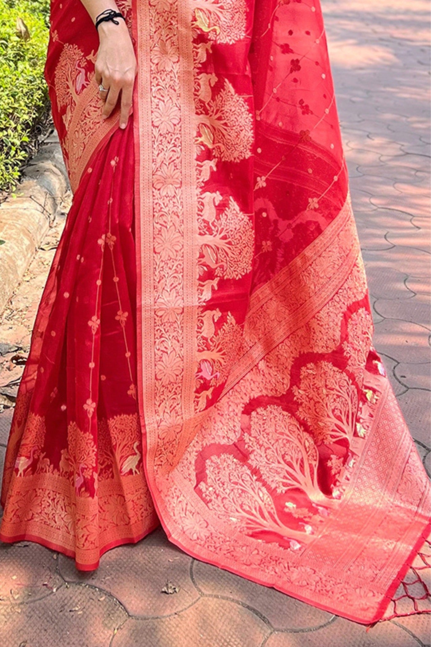 Rose Red Zari Woven Organza Saree