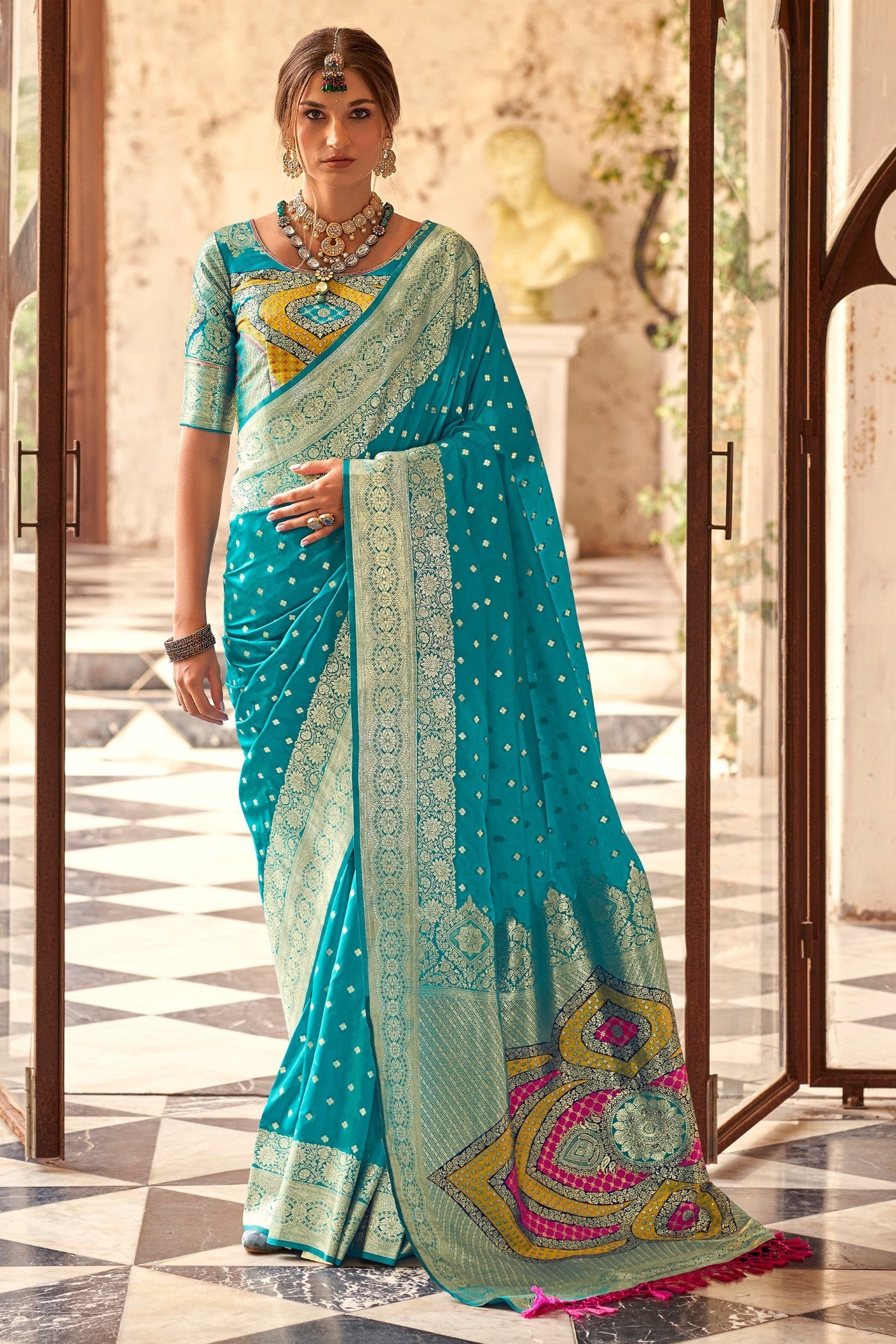 Boston Blue Woven Banarasi Soft Silk Saree