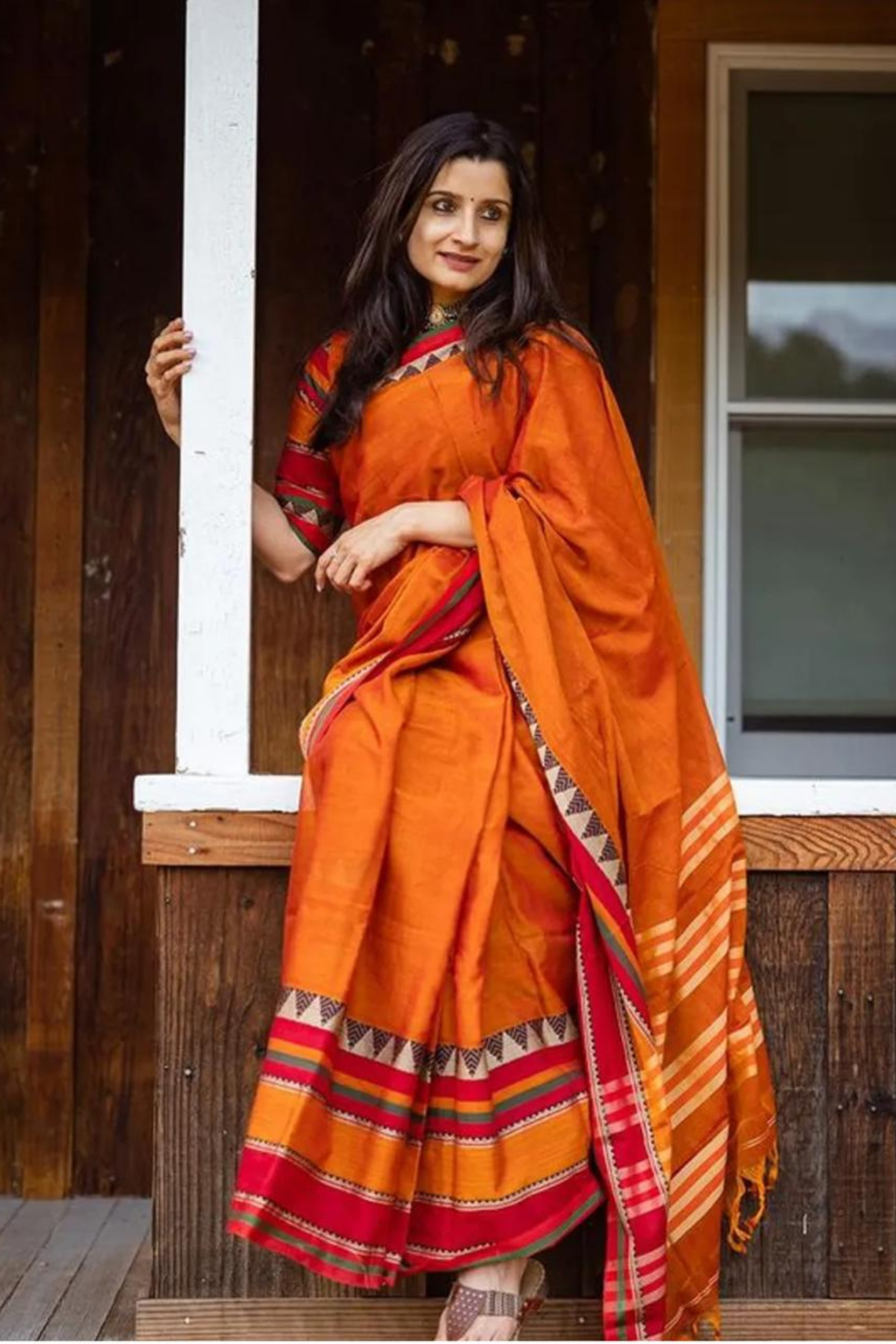 Light Flamingo Orange Shantipuri Bengal Cotton Saree