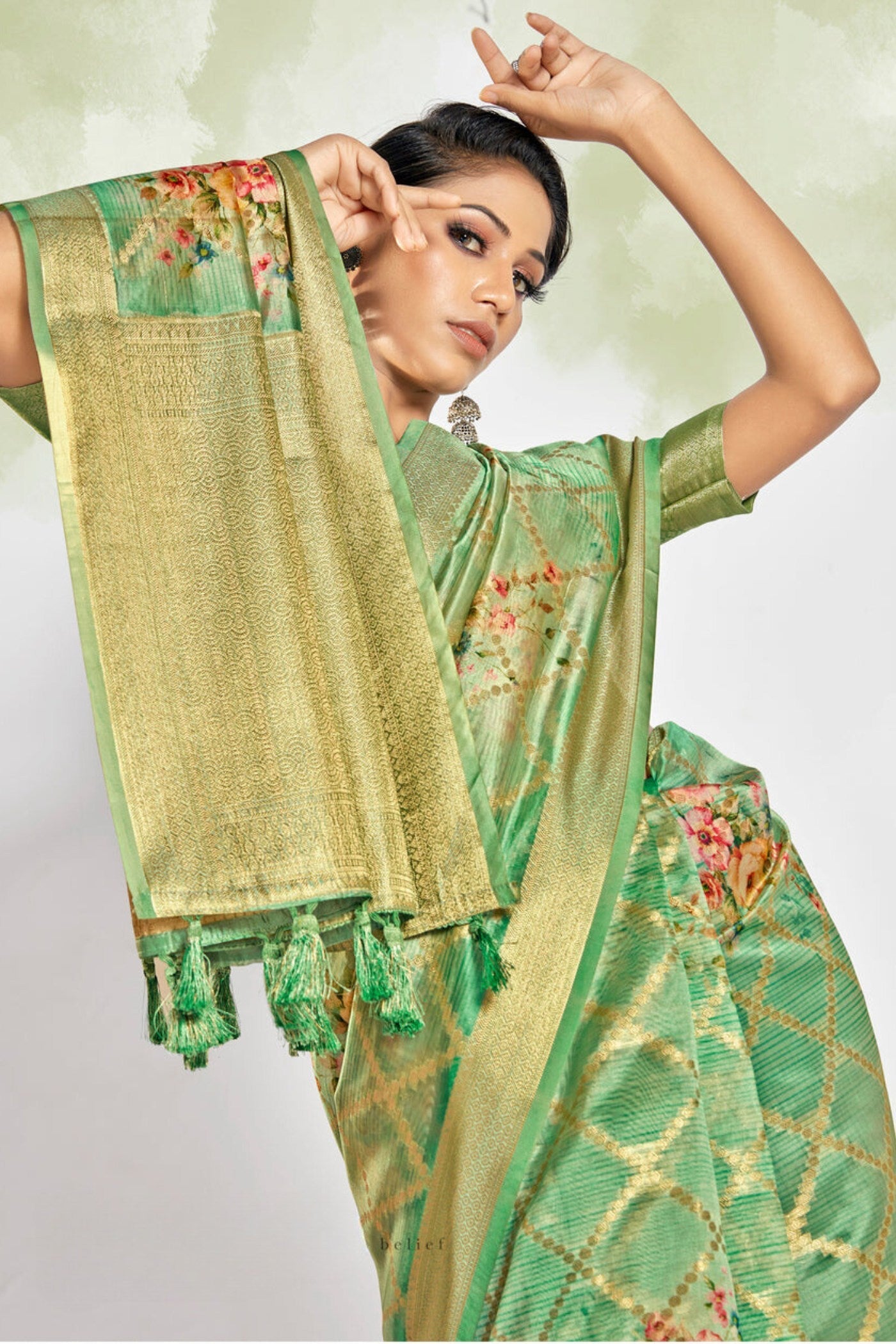 Olive Green Digital Printed Banarasi Saree