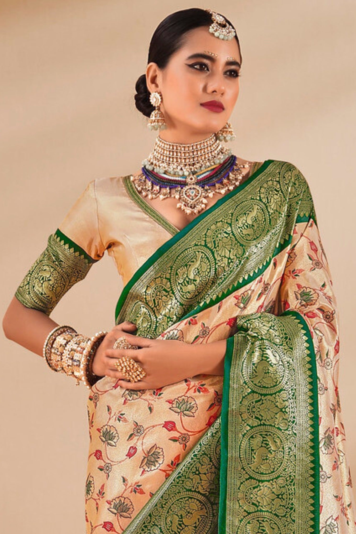 Twine Cream and Green Zari Woven Banarasi Saree