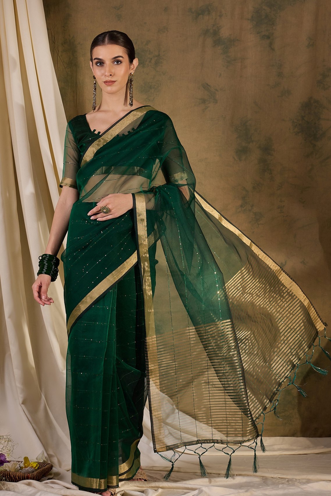 Leaf Green Woven Organza Saree