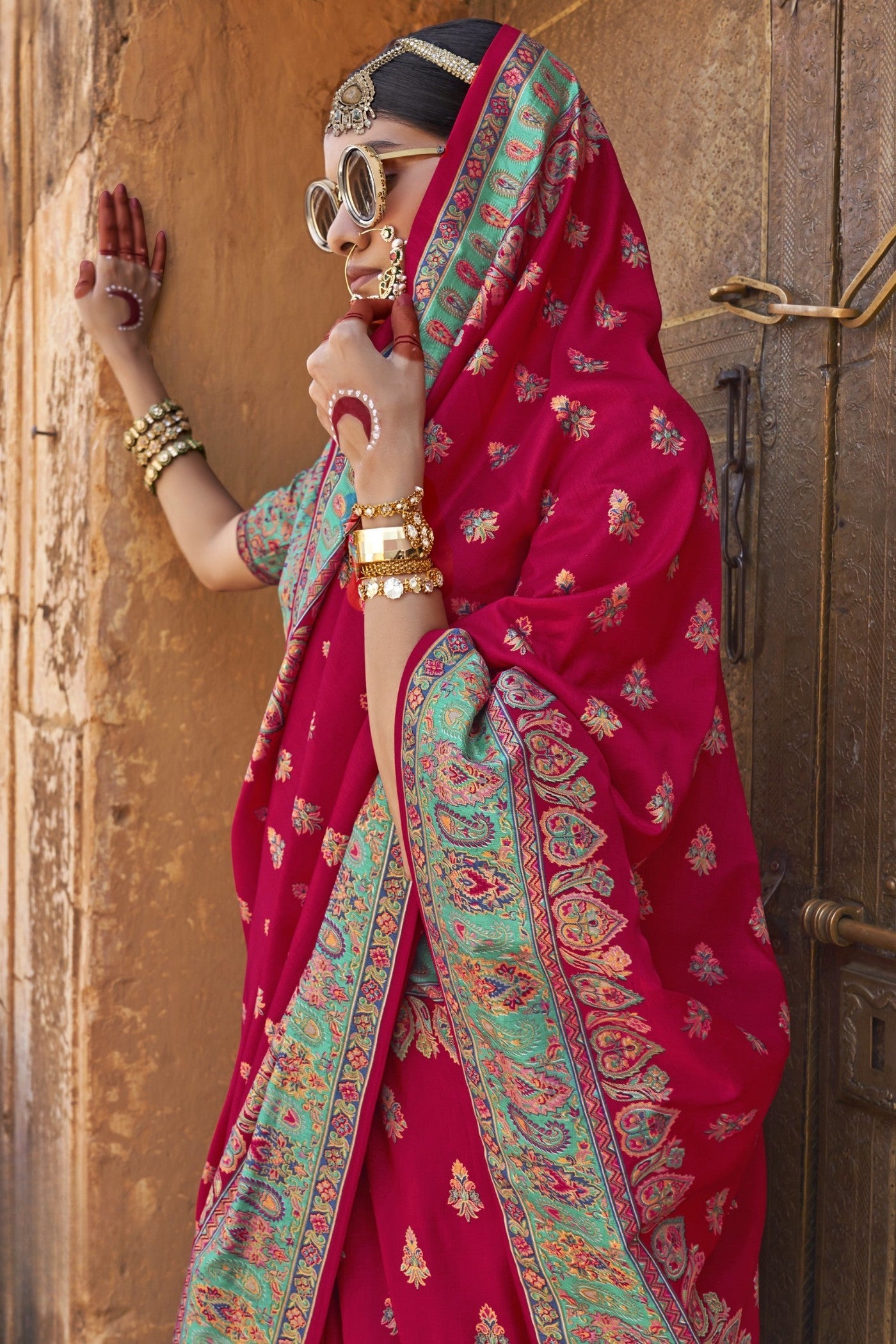 Poppies Red Banarasi Jamawar Saree