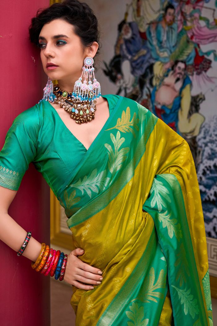 Hot Toddy Yellow and Green Banarasi Soft Silk Saree