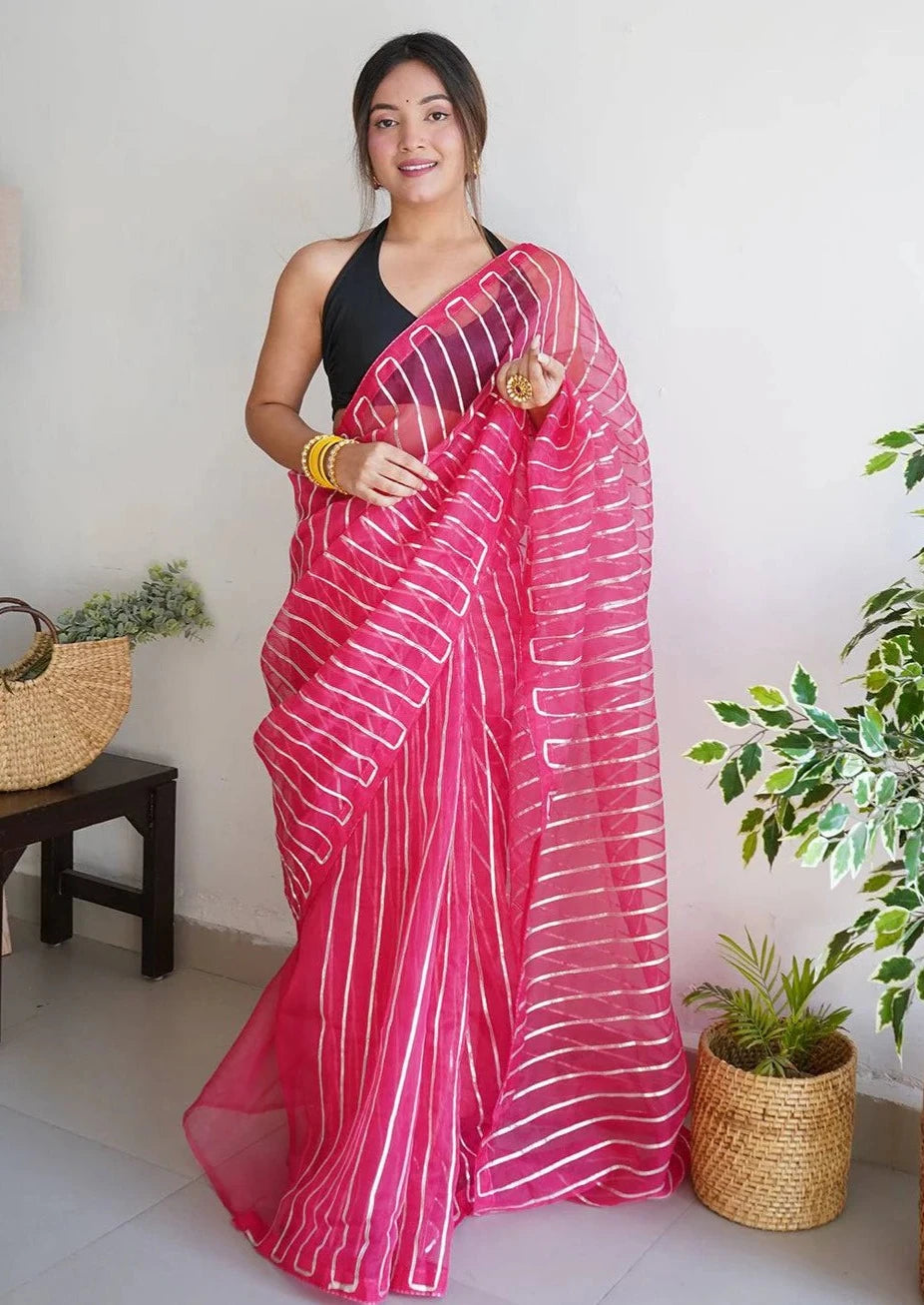 Soft Refined Organza Silk Saree With Silver Gota Work