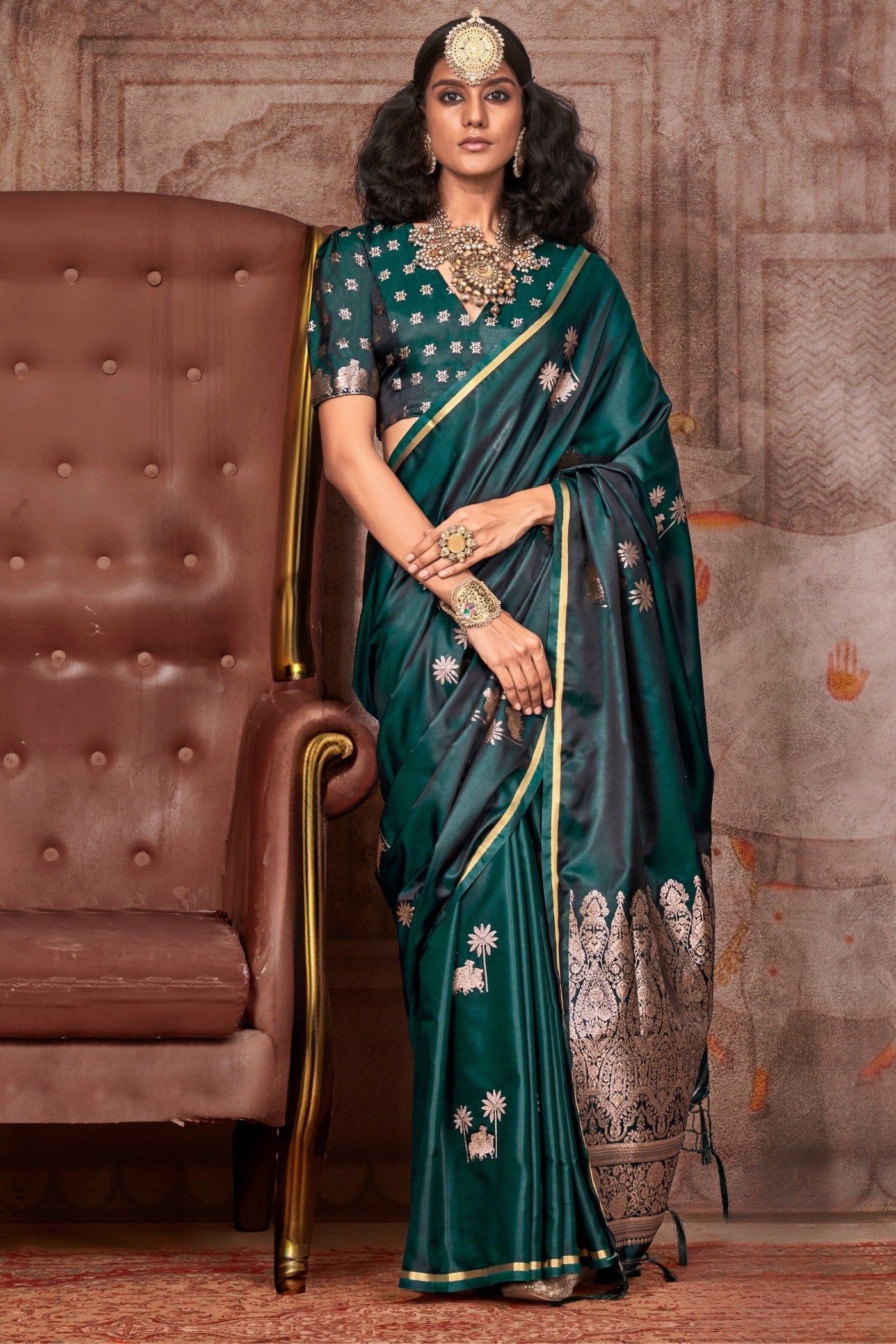 Hunter Green Banarasi Pichwai Satin Saree