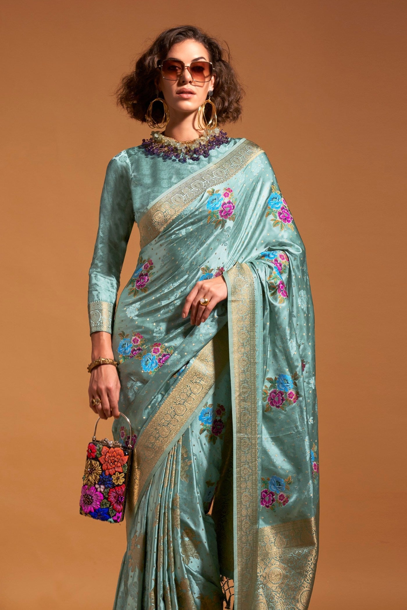 Summer Blue Handloom Satin Silk Saree